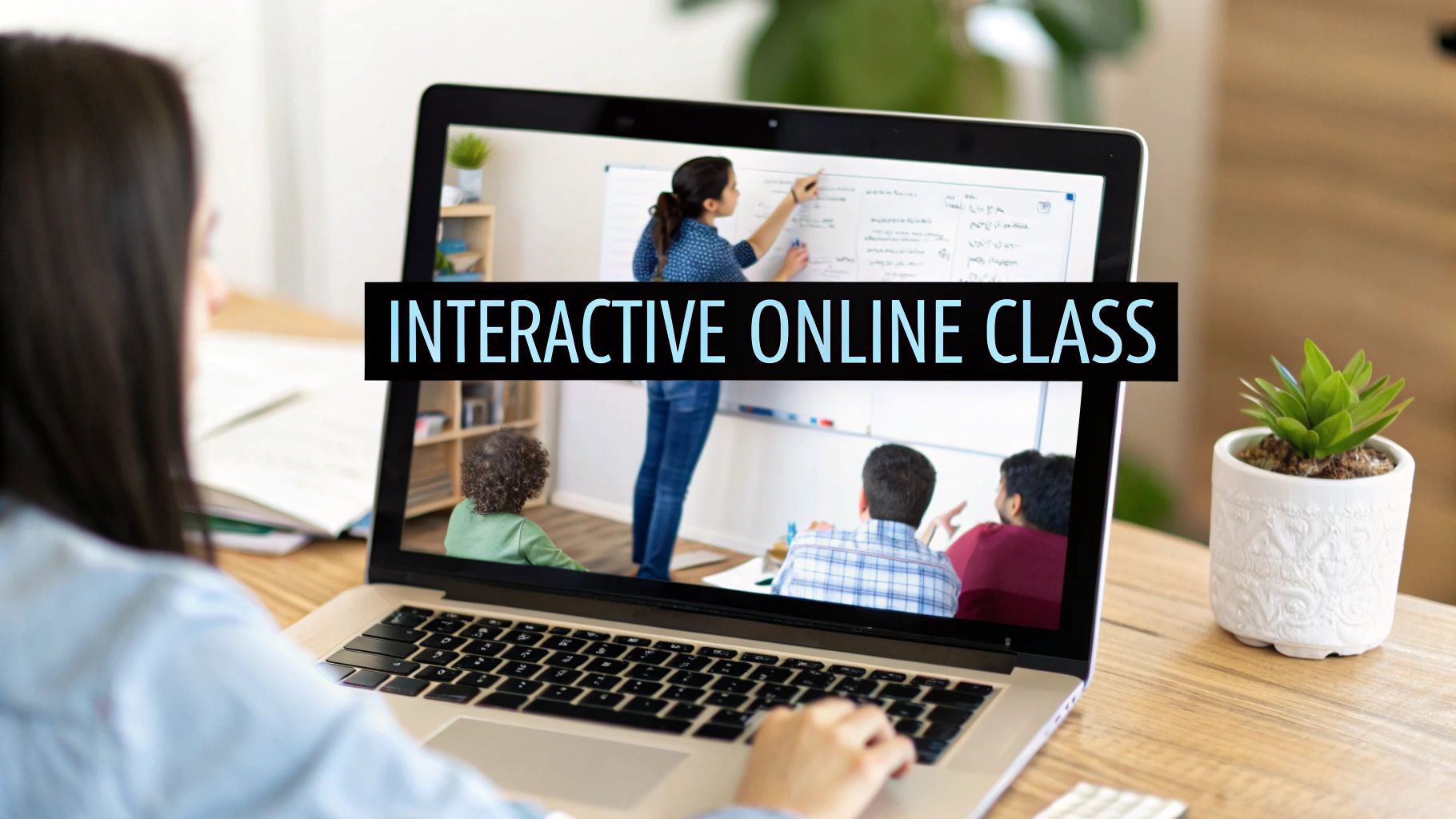 A student uses a laptop to participate in an interactive online class with a teacher and classmates.