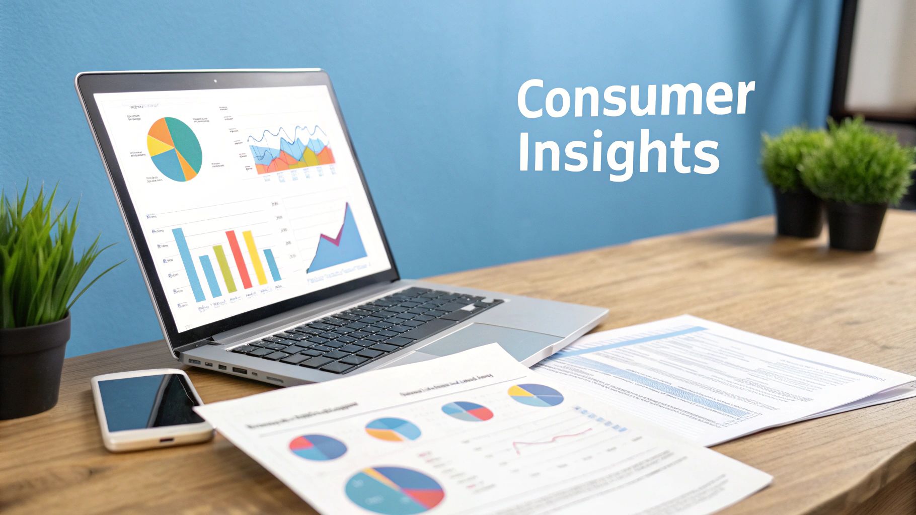 Laptop on a wooden desk displaying consumer insights data with charts and graphs, next to a smartphone and documents.