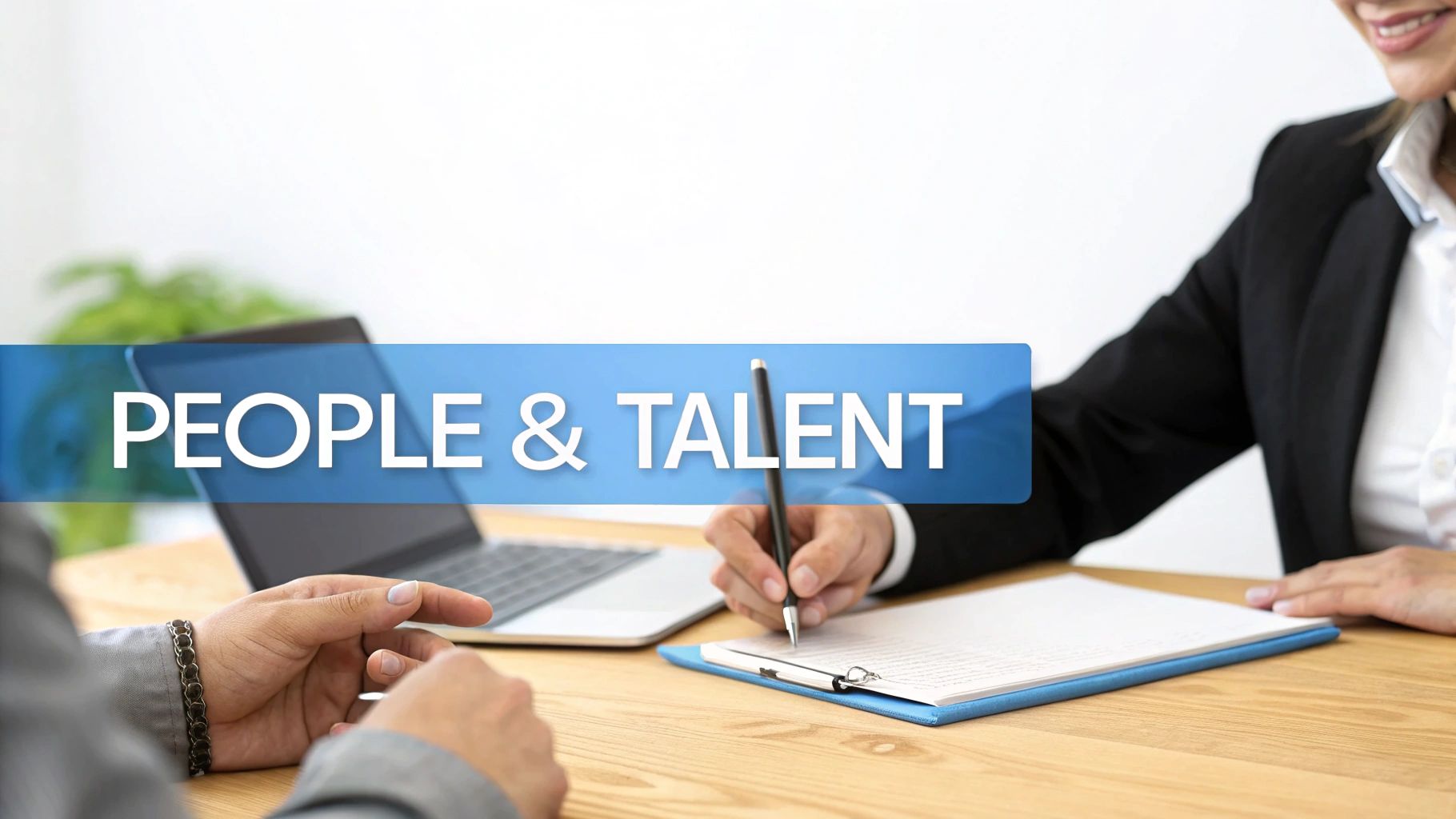 Two people at a desk, one writing, with a prominent 'PEOPLE & TALENT' banner, representing HR or recruitment.