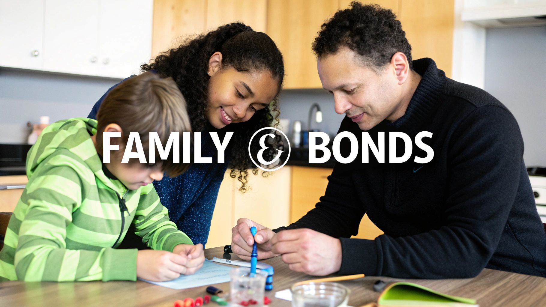 A parent and child sit together at a wooden table, surrounded by books and colourful learning materials, collaborating on a lesson.