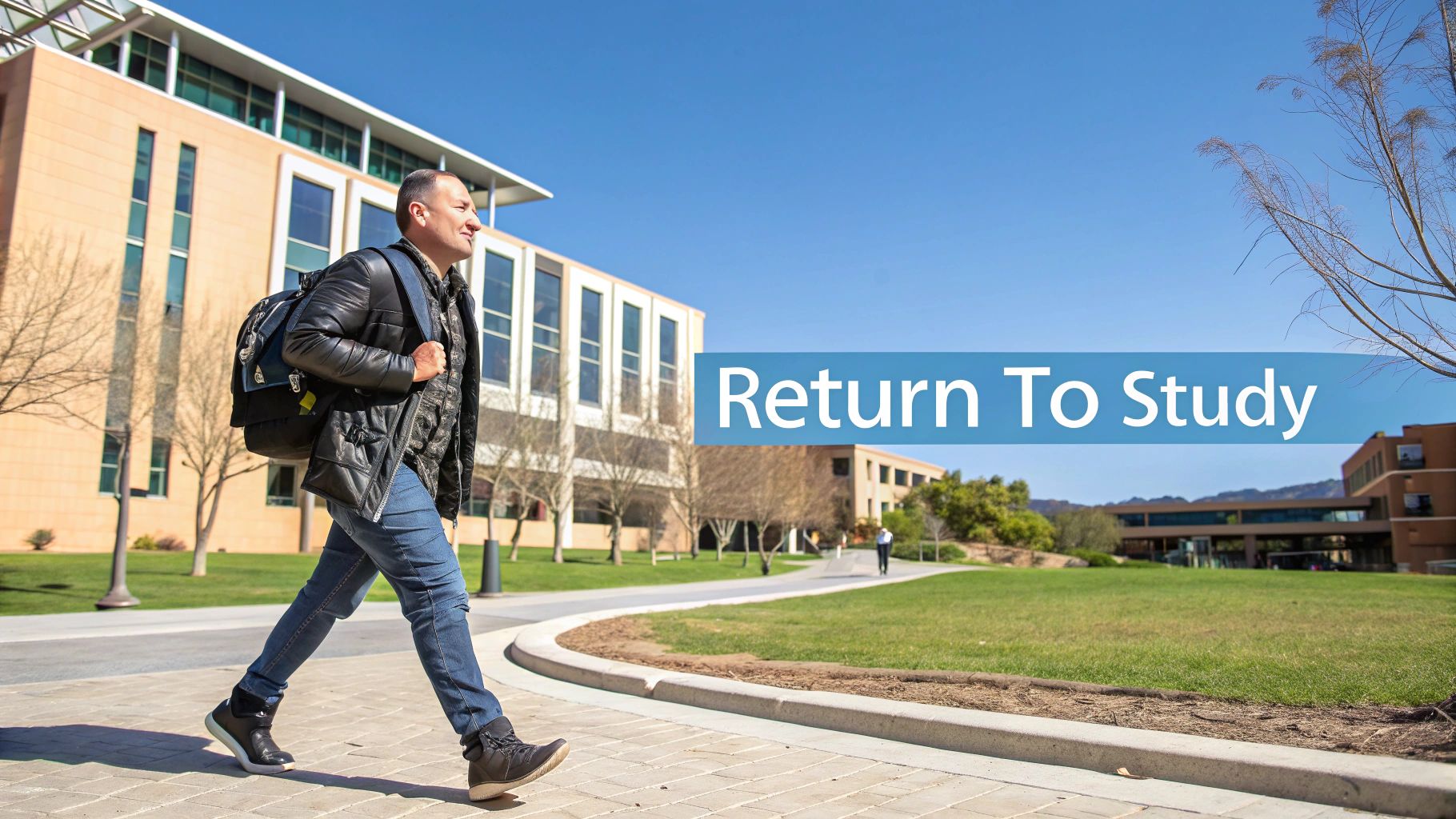 A mature student smiling and looking at a laptop in a library, representing the positive decision to return to education.