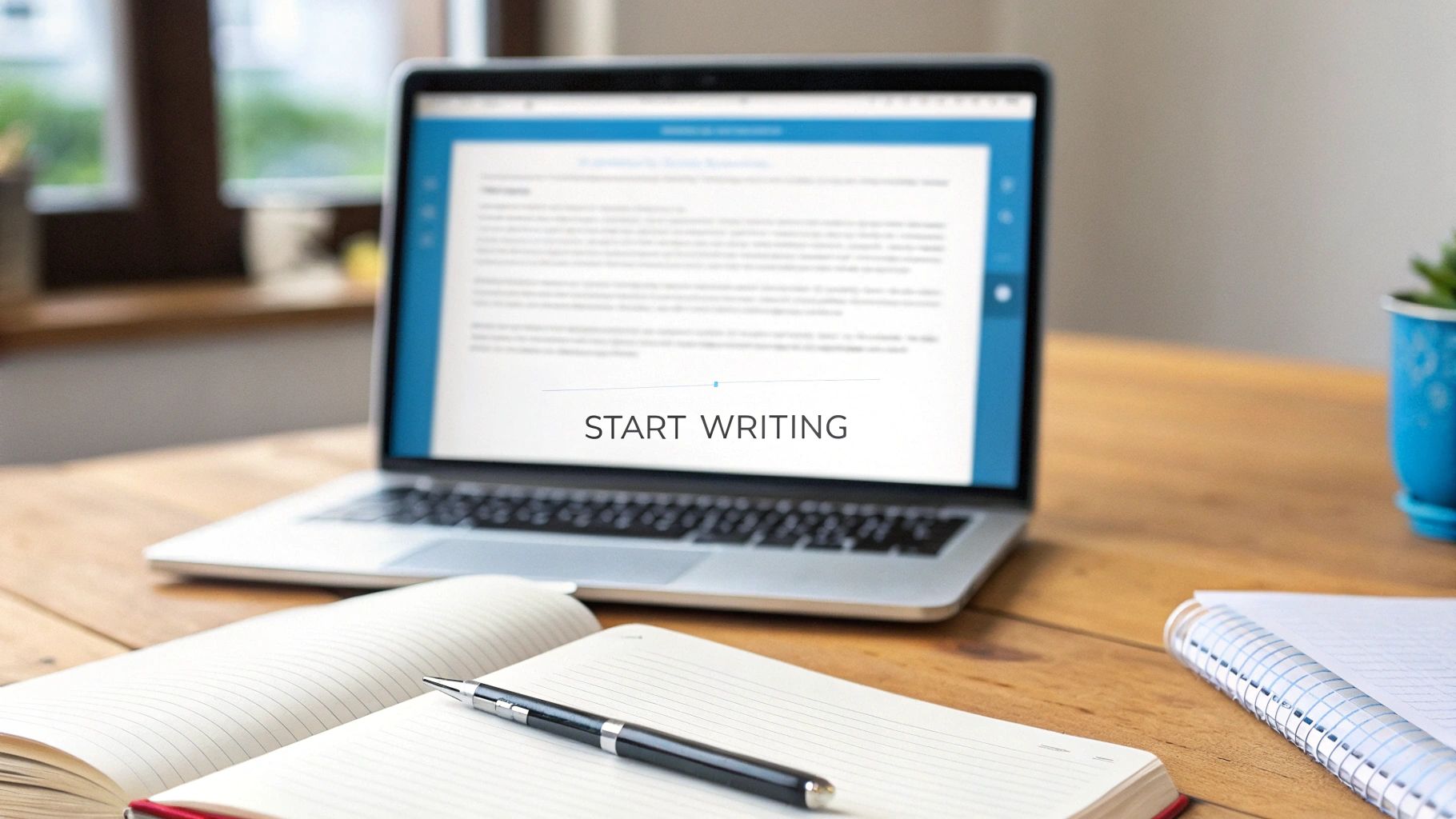 Laptop displaying 'START WRITING' on screen, with an open notebook and pen on a wooden desk.