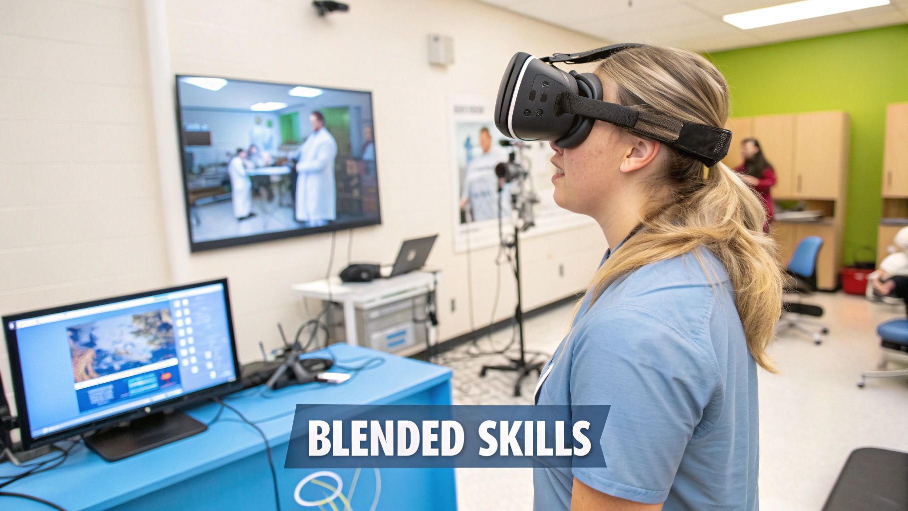 A student in a virtual reality lab uses VR goggles to interact with a 3D anatomical model, simulating a physiotherapy assessment.