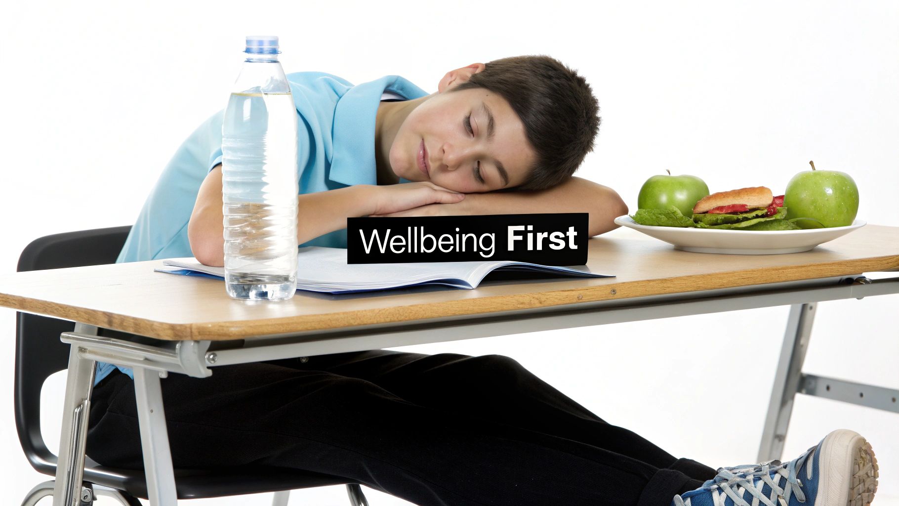 Young student sleeping on a desk with 'Wellbeing First' sign, healthy snacks, and water bottle.