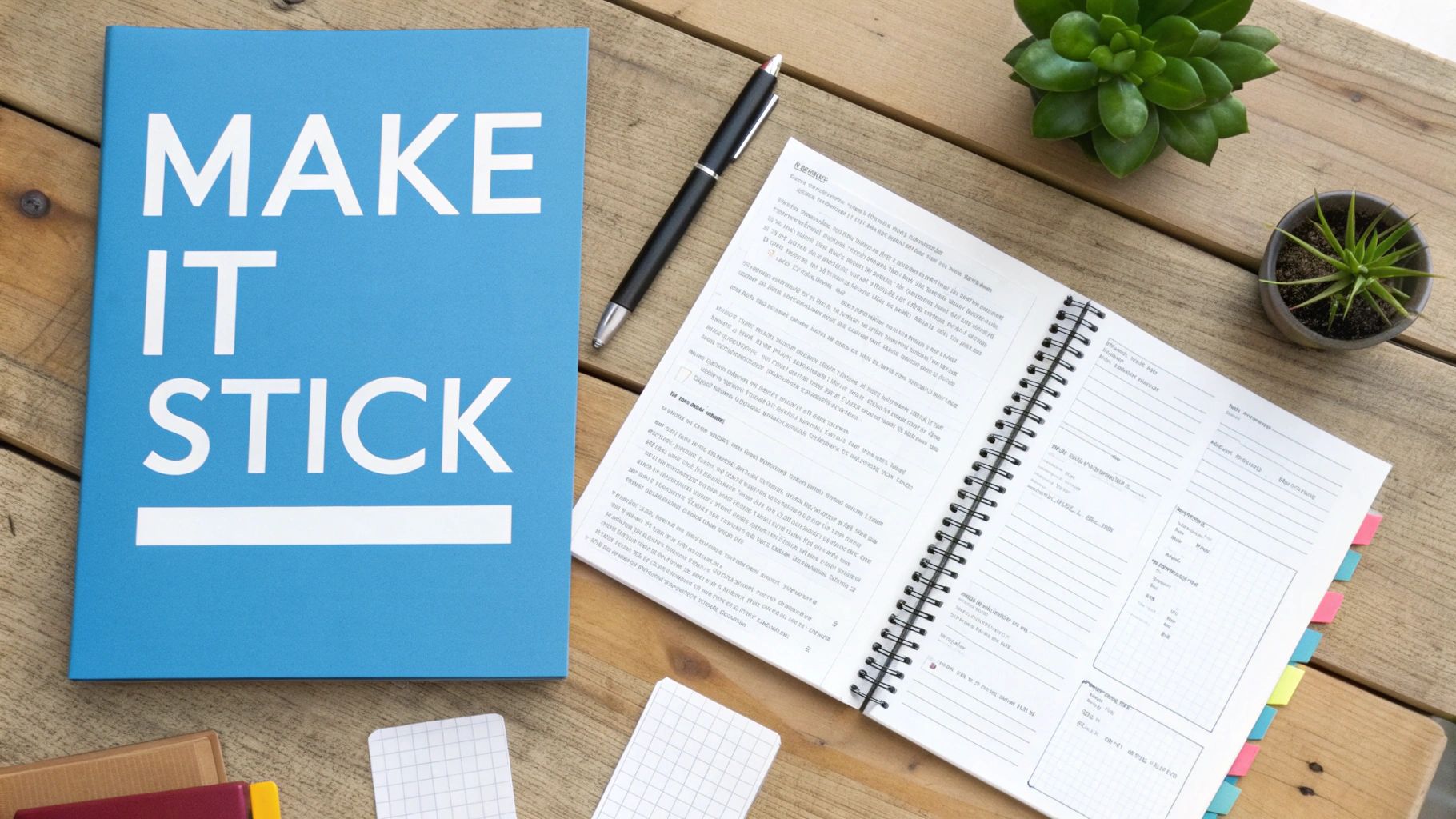 A blue book titled 'MAKE IT STICK' next to an open spiral notebook, a pen, and two small plants on a wooden desk.