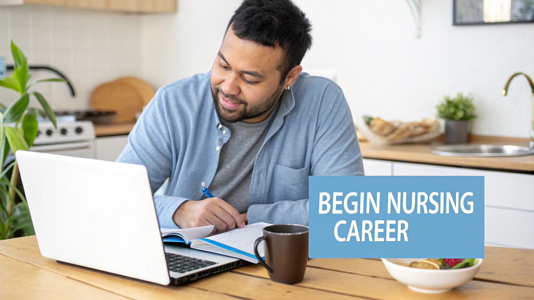 A smiling man studies at a table with a laptop and books, with text 'BEGIN NURSING CAREER'.