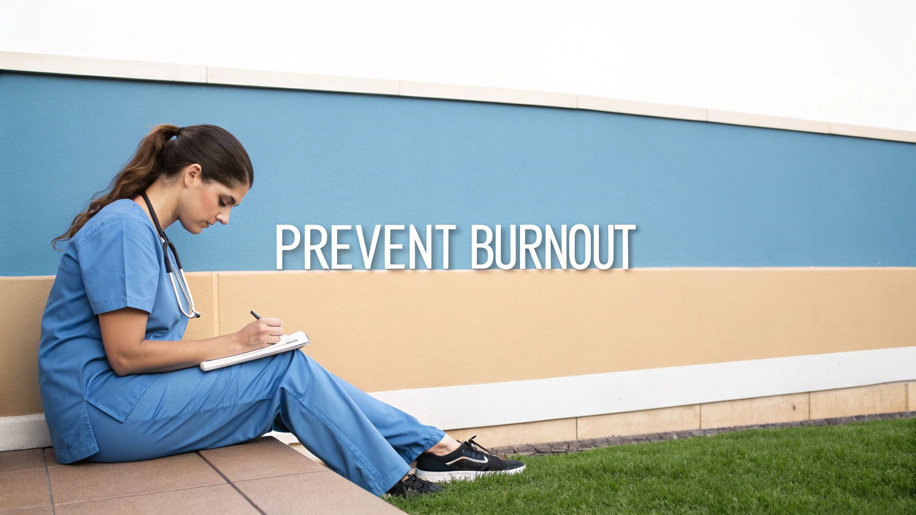 A female nurse in blue scrubs sits on the ground, writing in a notebook, with text 'PREVENT BURNOUT'.
