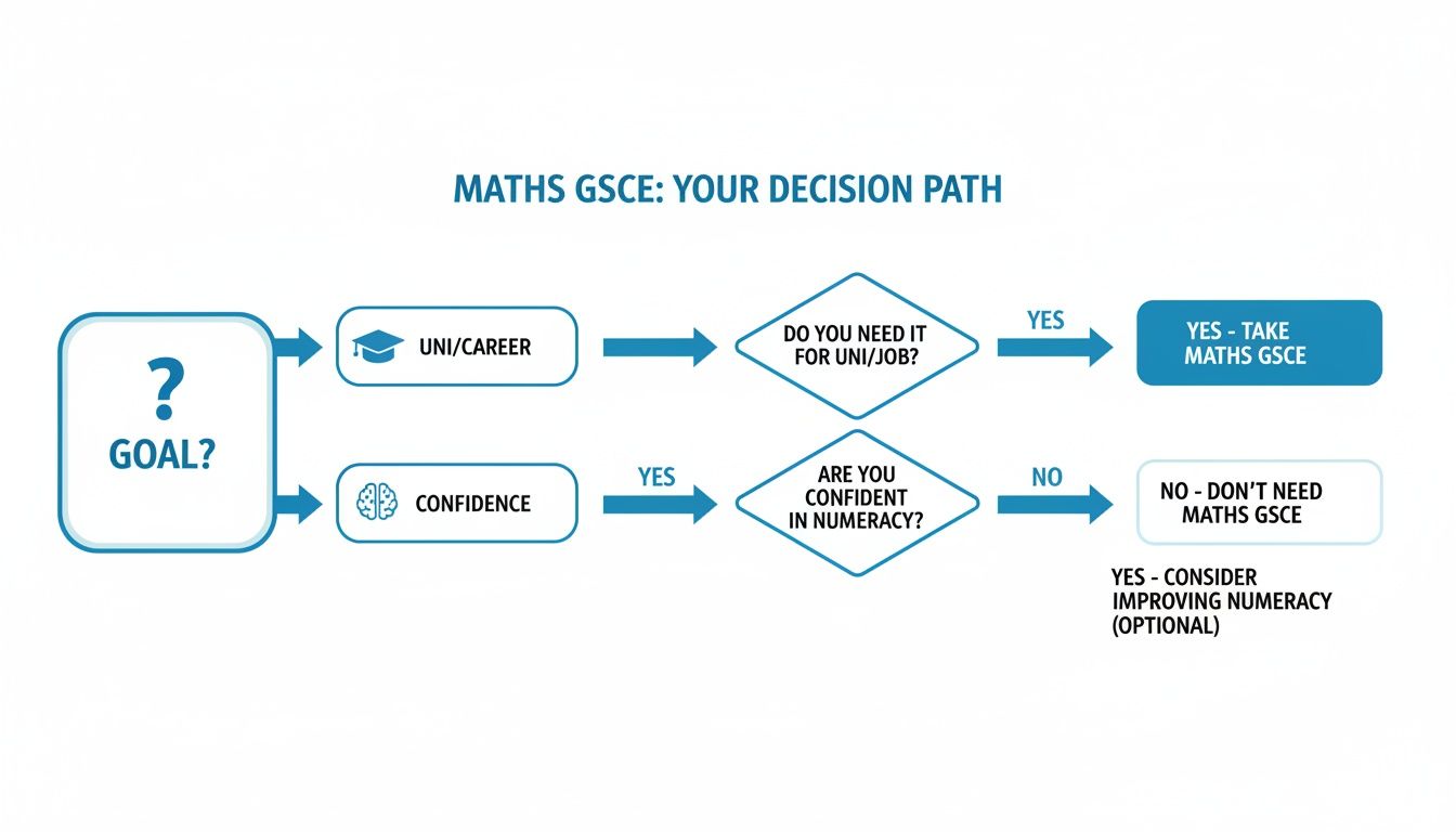 A flowchart outlining the decision path for taking Maths GCSE, based on career needs and numeracy confidence.