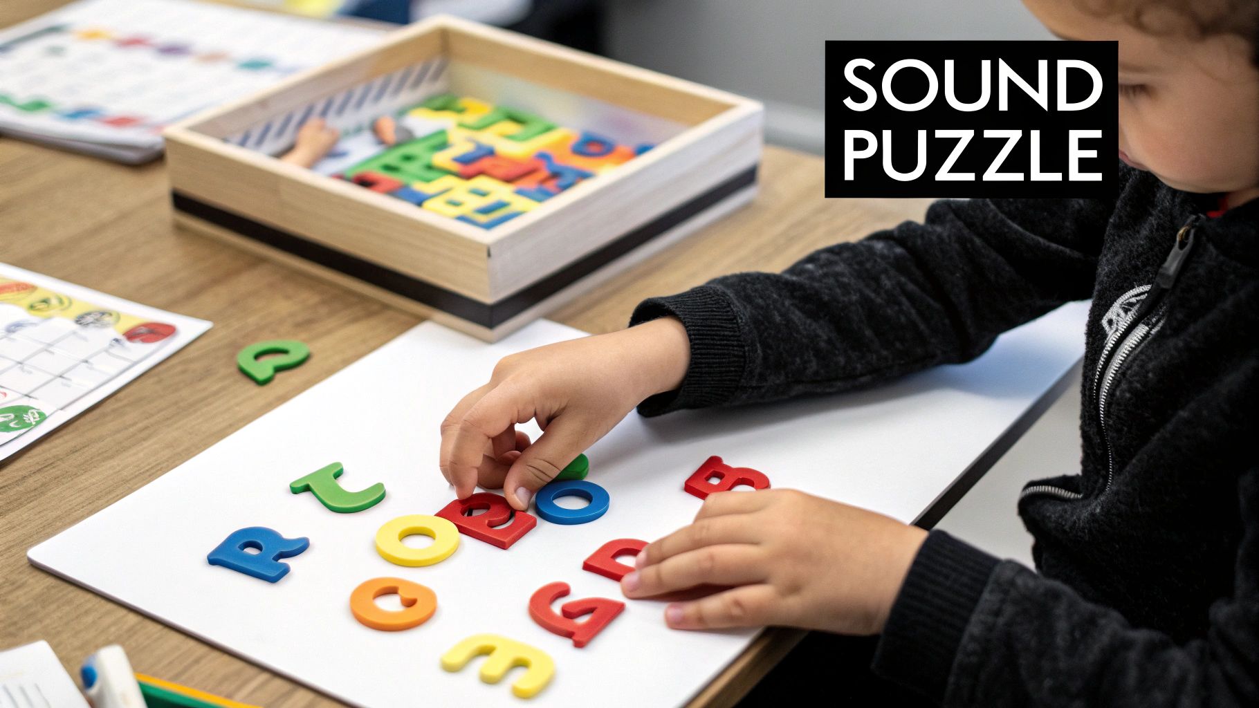 A child looking at magnetic letters on a board, feeling their shapes and arranging them into words.