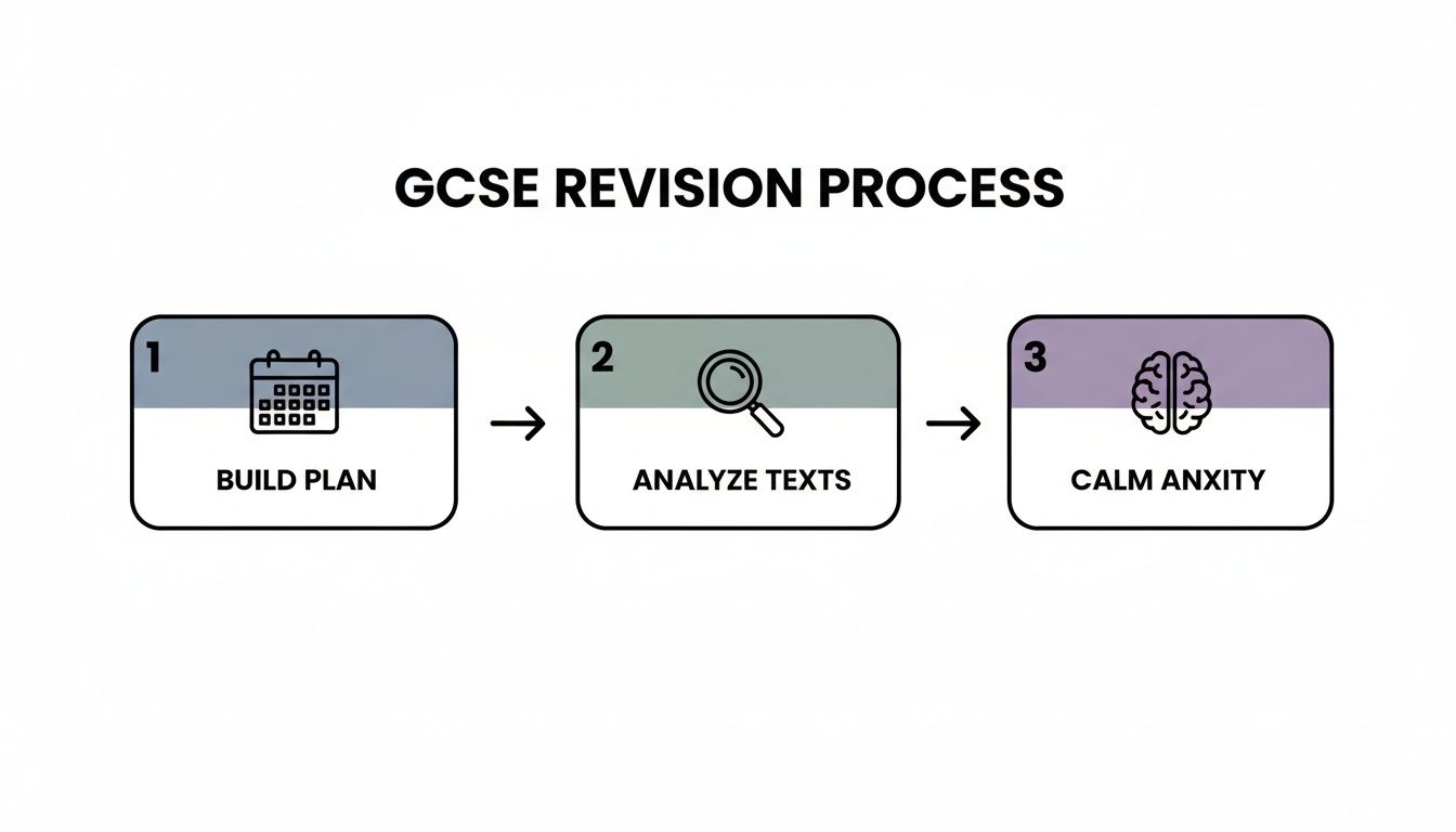 A visual three-step GCSE revision process showing planning, text analysis, and anxiety management.