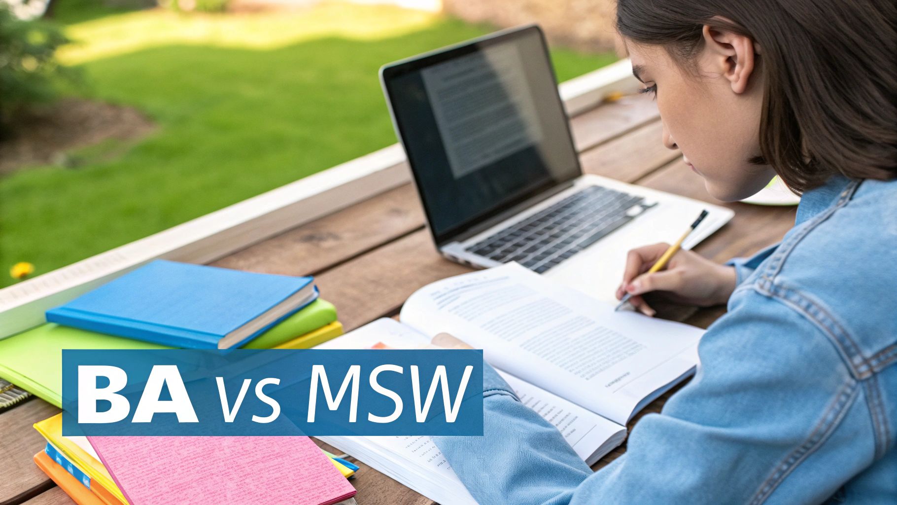 A student looking thoughtfully at two branching paths on a screen, one labelled 'BA' and the other 'MSW'.