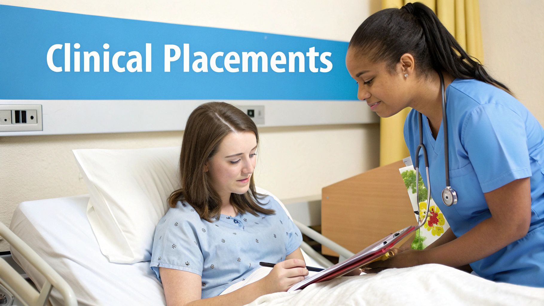 Nurse mentoring a student in a hospital ward.