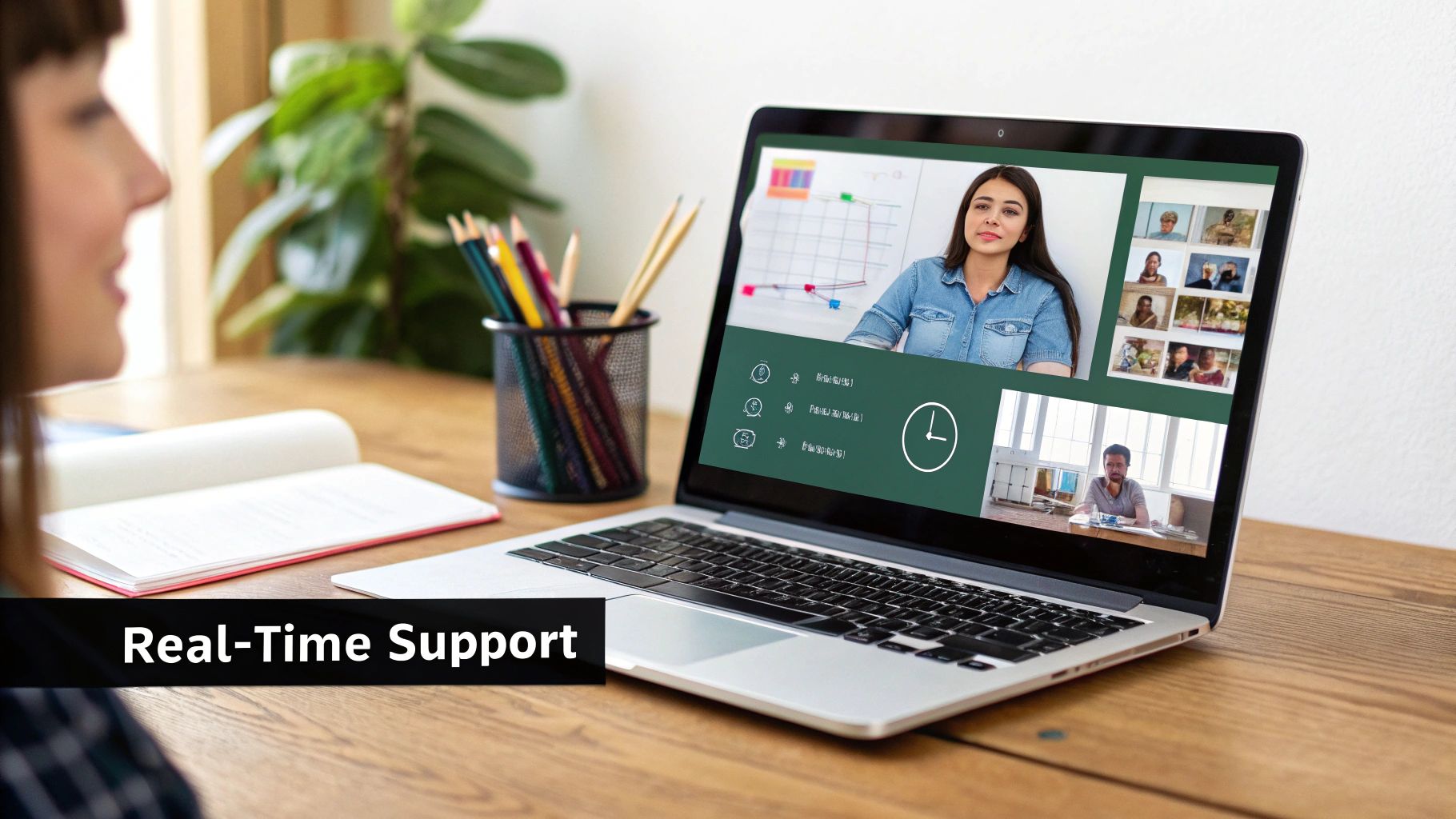 A person engages in a video conference on a laptop, featuring real-time support and multiple participants.