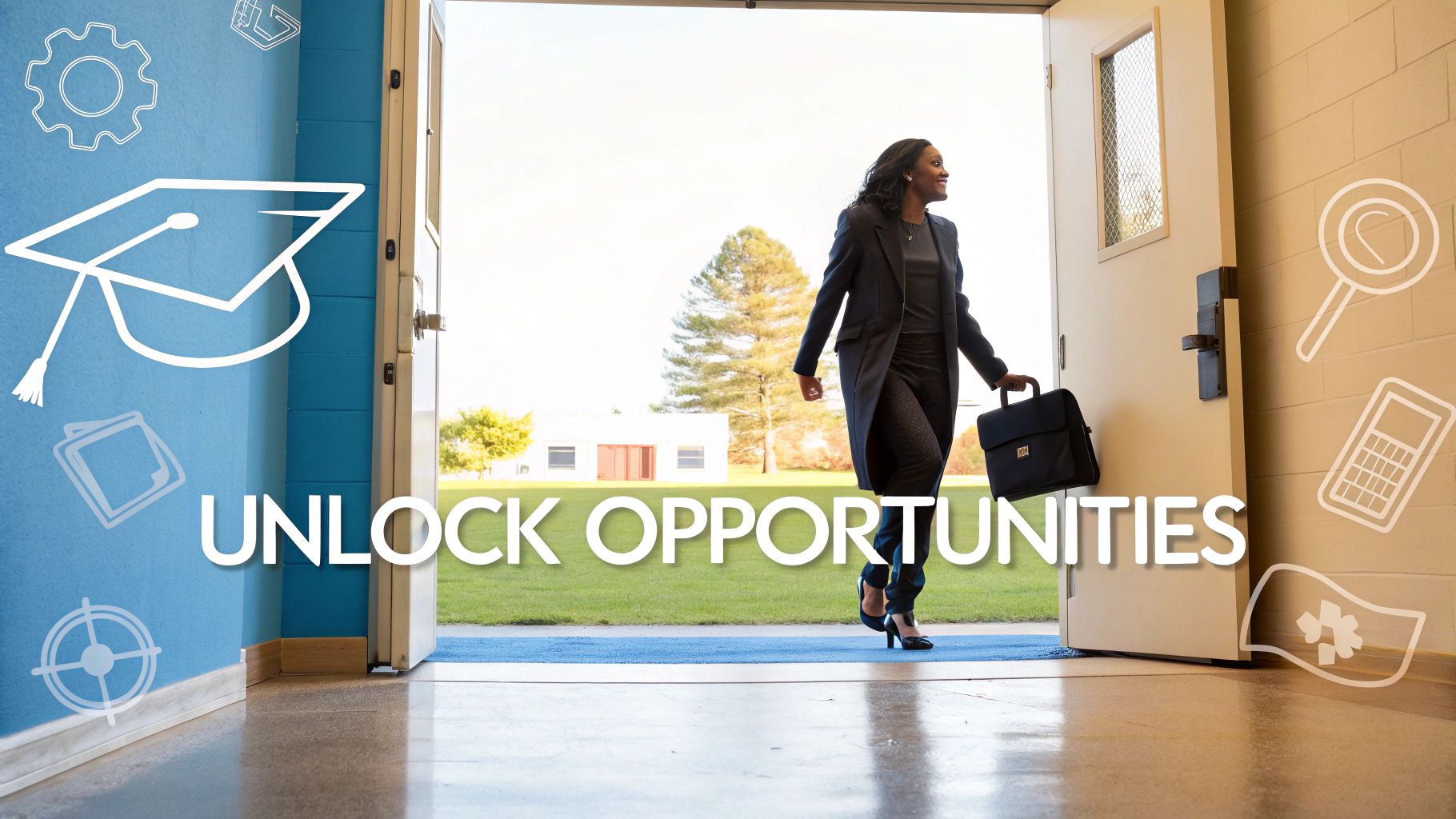 A professional woman with a briefcase walks through an open door, with educational icons and "UNLOCK OPPORTUNITIES" overlaid.