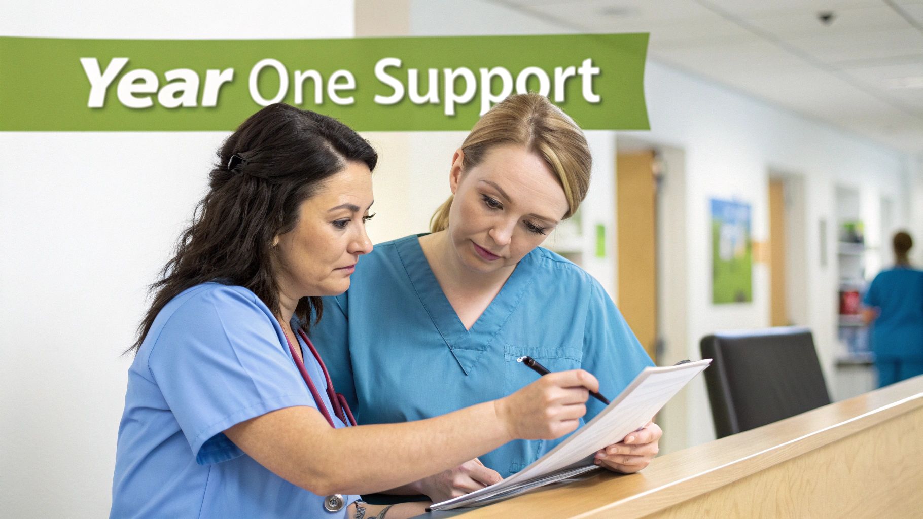 Two nurses, one mentoring the other, review patient charts at a hospital counter under a 'Year One Support' banner.
