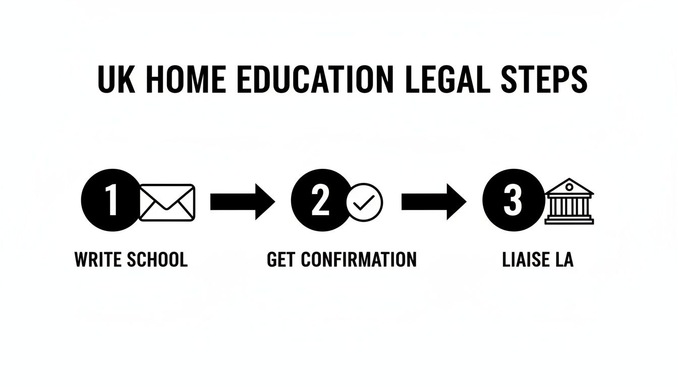 Infographic illustrating three legal steps for UK home education: write school, get confirmation, liaise LA.