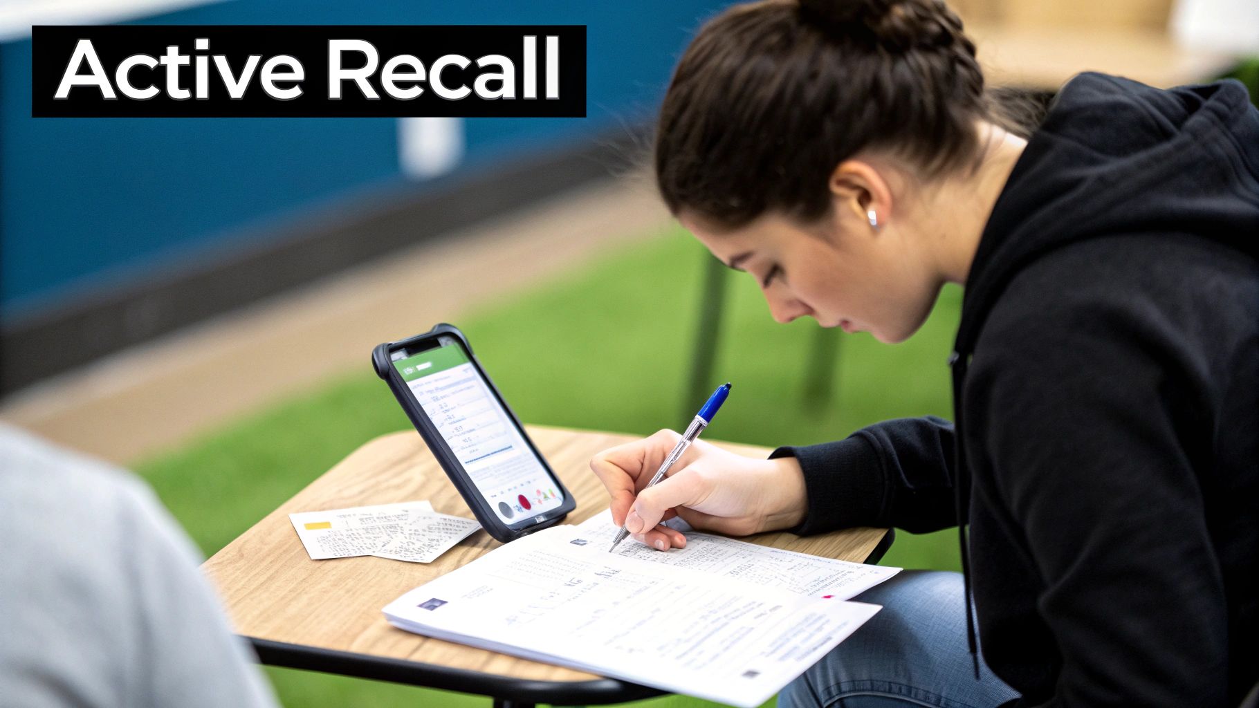 A student practices active recall, writing notes while referencing a phone and papers on a desk.