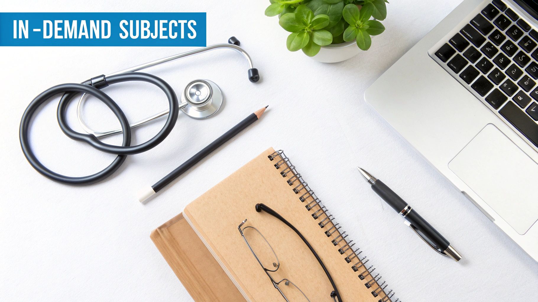 A flat lay of study essentials: stethoscope, laptop, notebook, pen, glasses, and a 'IN-DEMAND SUBJECTS' banner.