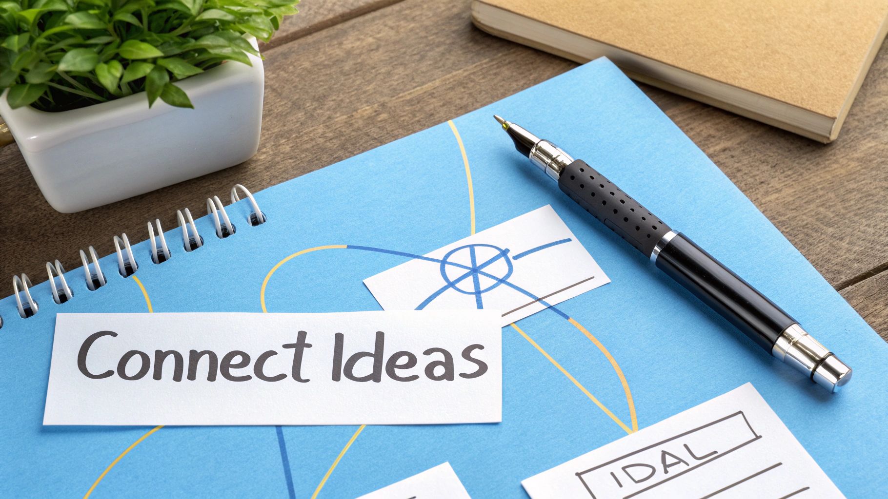 A blue spiral notebook with 'Connect Ideas' on a card, showing a mind map and a pen.