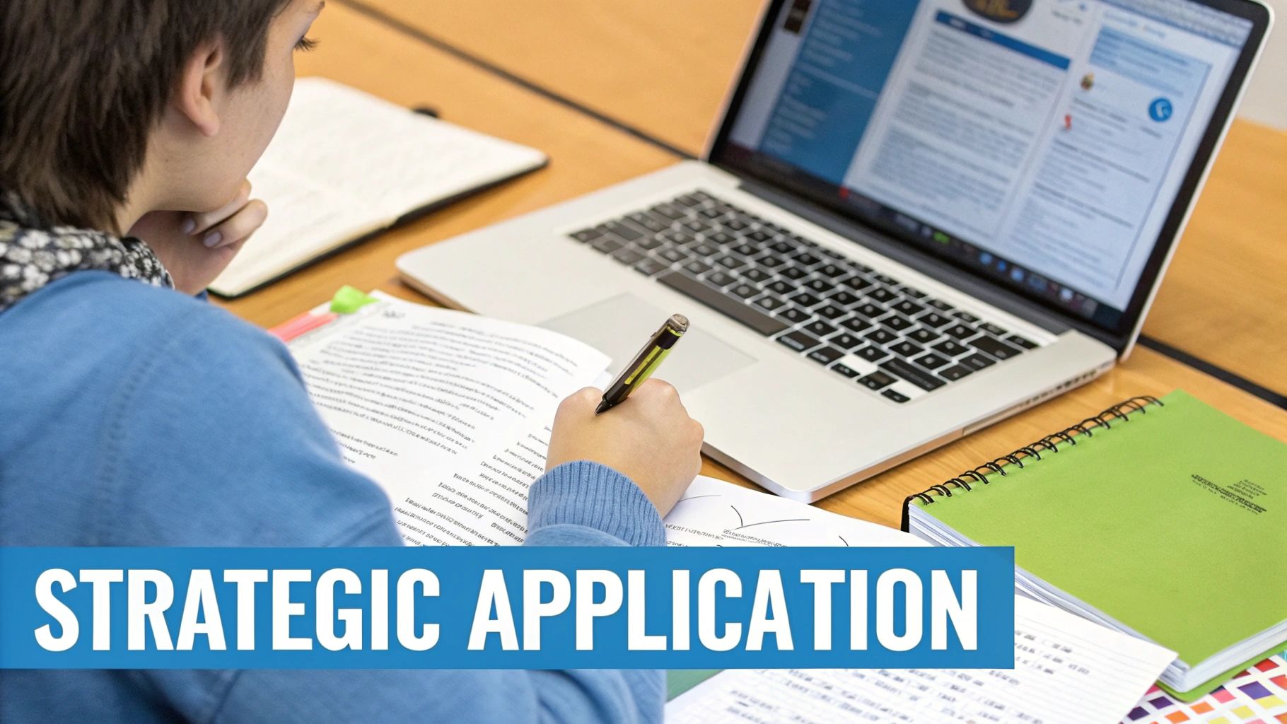 A student smiles while working on their university application on a laptop, feeling confident.