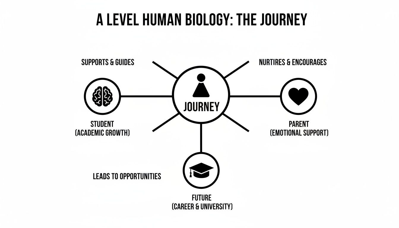 Diagram showing the A Level Human Biology journey with student academic growth, parent support, and future opportunities.