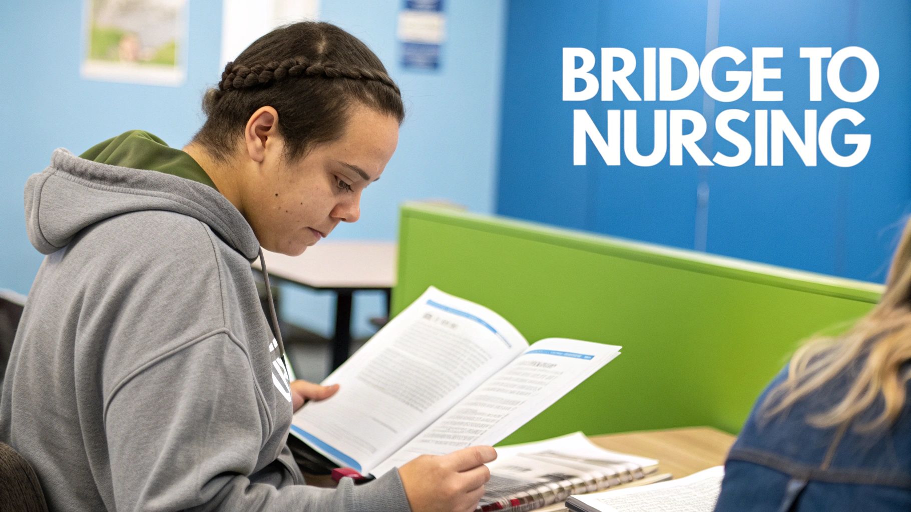 A group of nursing students in a classroom setting, engaged in a lesson