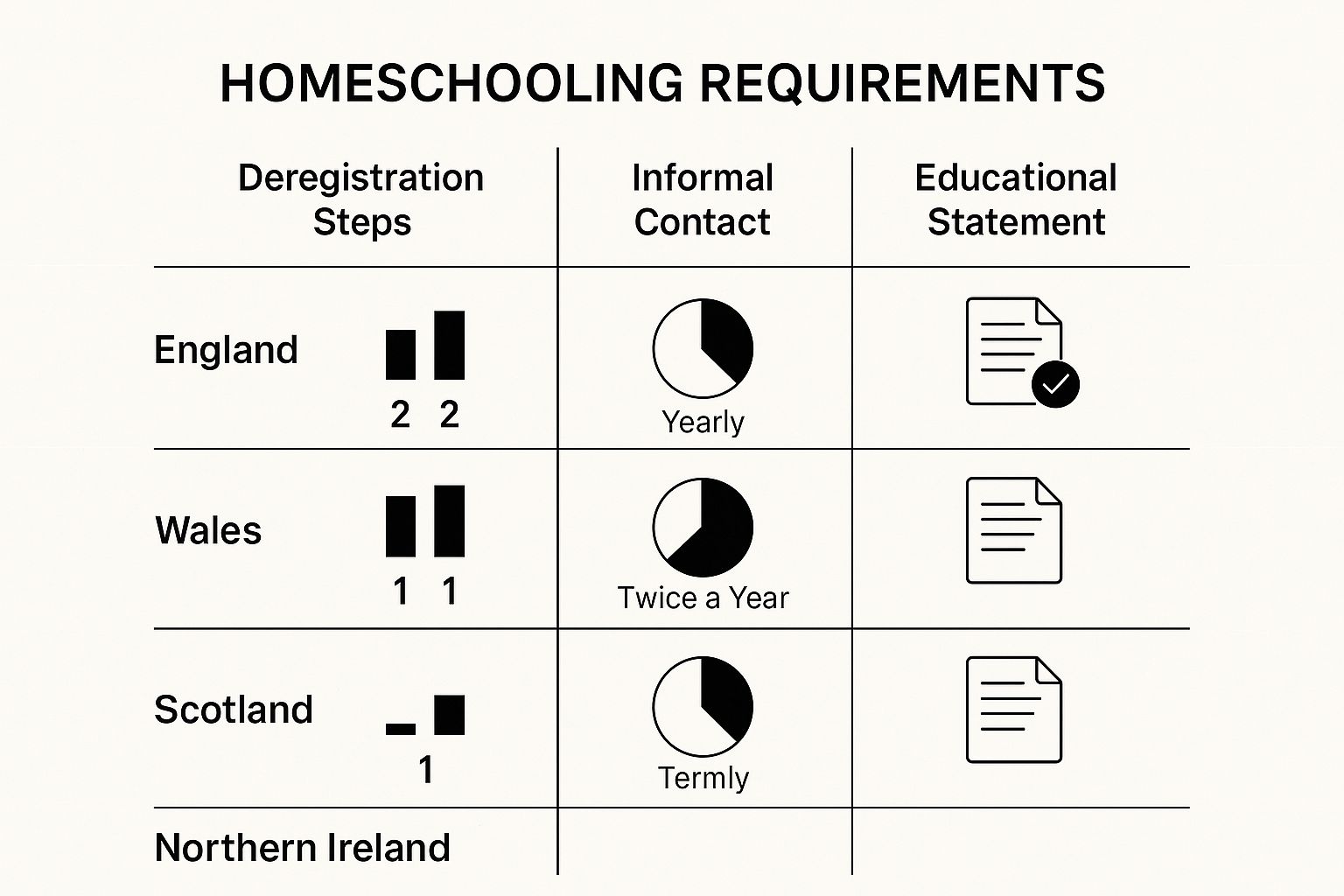 Infographic comparing key legal homeschooling requirements across England, Wales, Scotland, and Northern Ireland, showing differences in deregistration, informal contact, and educational statements.