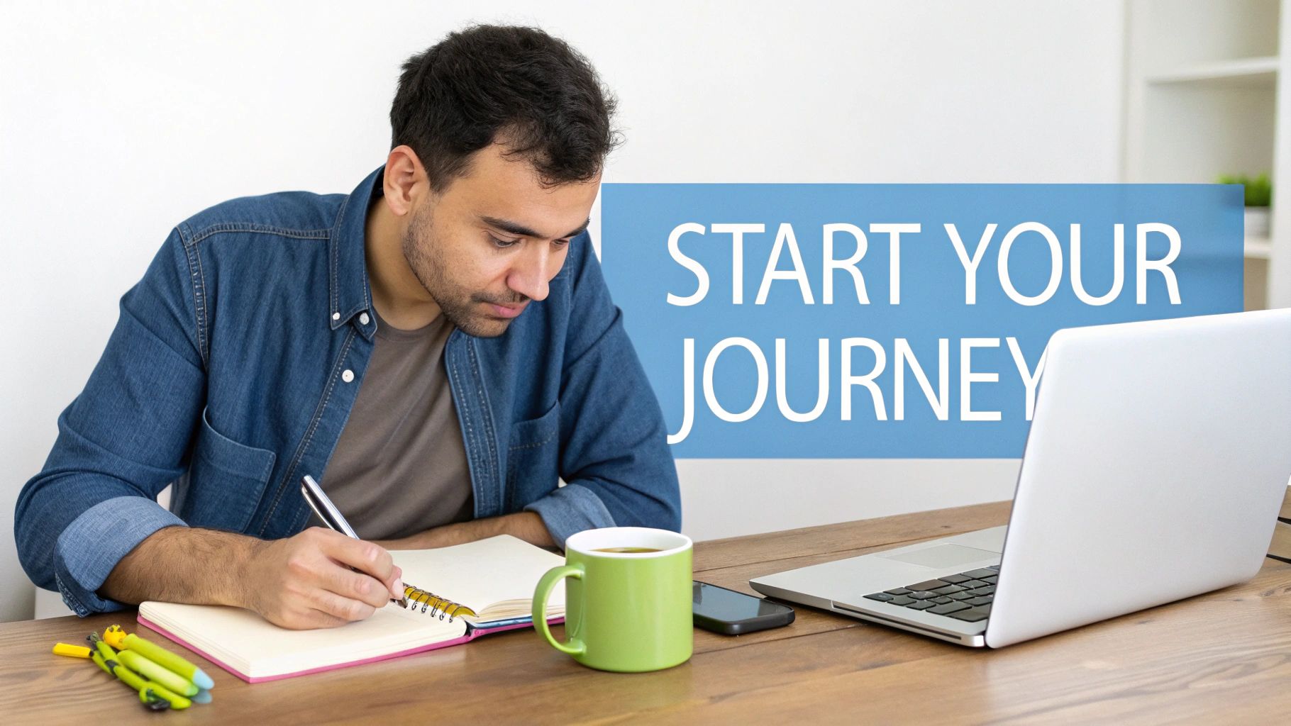 A man writes in a notebook at a desk with a laptop, mug, and 'START YOUR JOURNEY' sign.