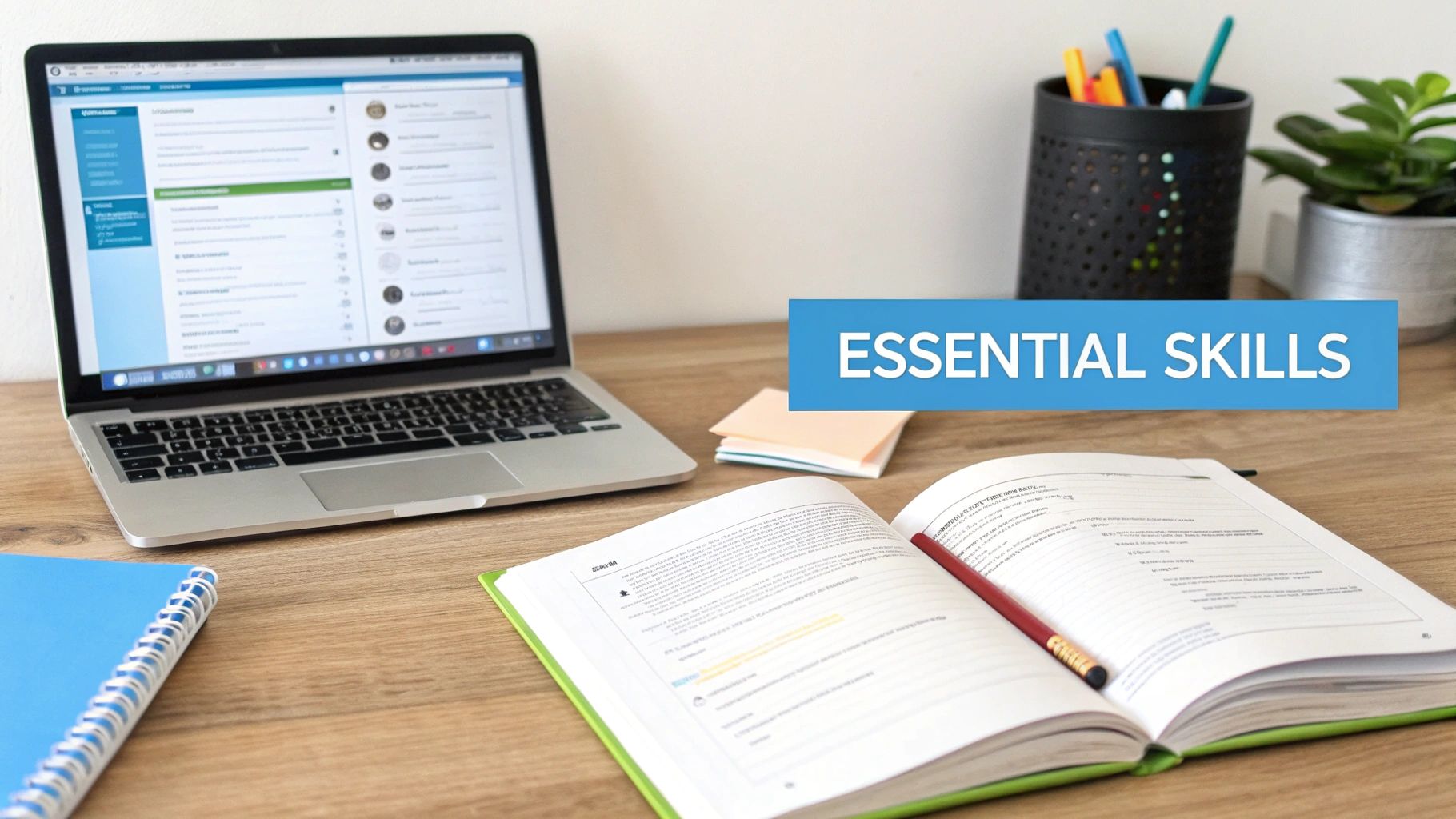 A clean workspace featuring a laptop, an open book, and notes, with an 'ESSENTIAL SKILLS' banner.