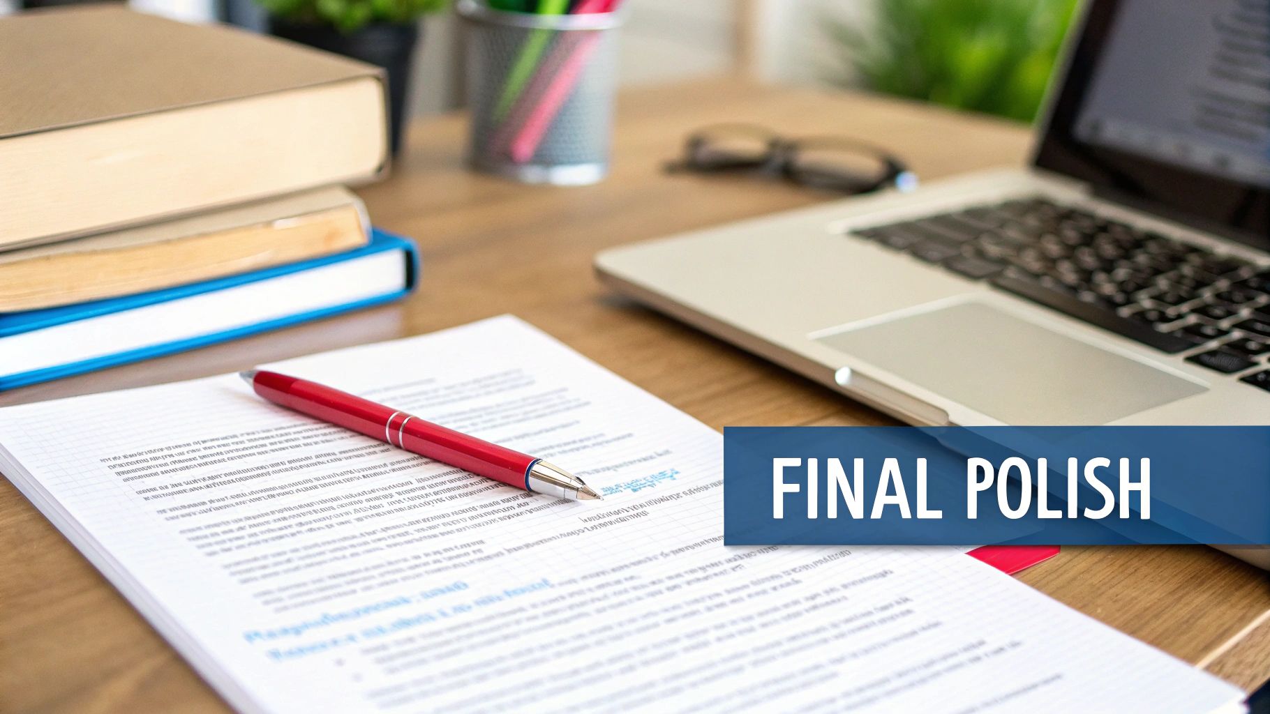 A desk with books, a laptop, and a document with a red pen, featuring a 'FINAL POLISH' banner.