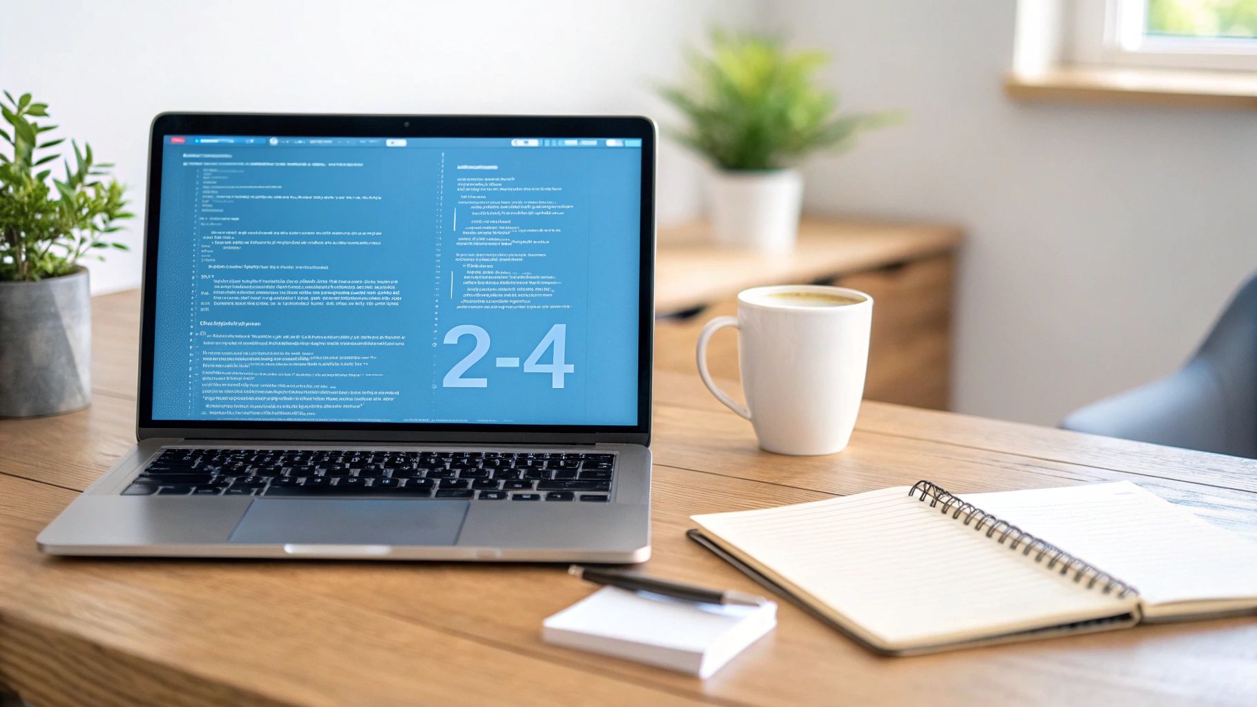 Laptop displaying code, a coffee mug, and a spiral notebook on a cozy wooden desk, ideal for remote work.