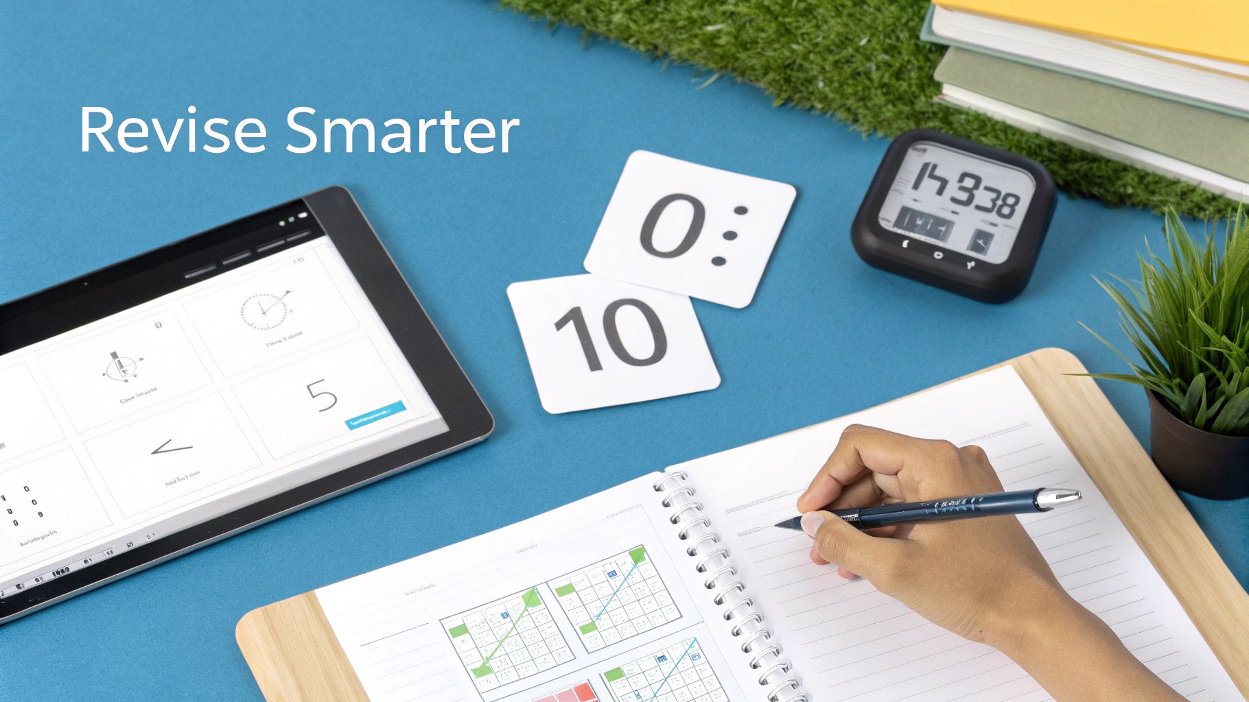 A study desk with a tablet, digital timer, notebook, and a hand writing, promoting smart revision.