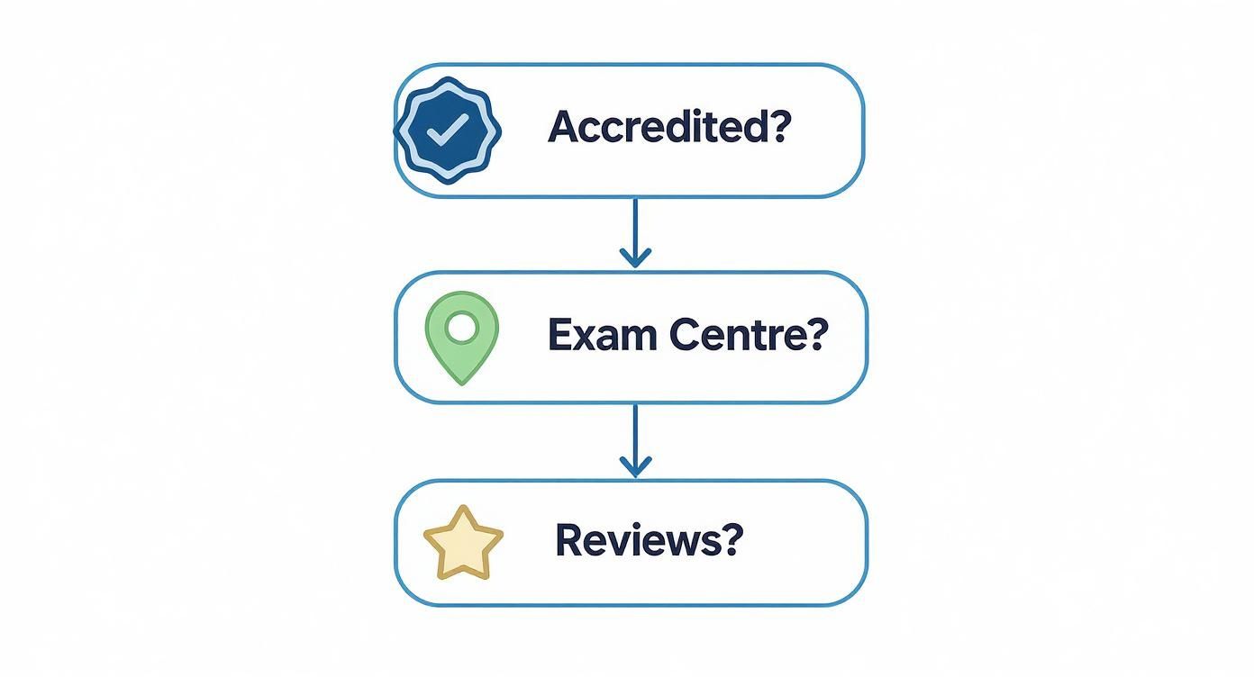 A three-step flowchart outlining considerations: Accredited, Exam Centre, and Reviews, each with an icon.