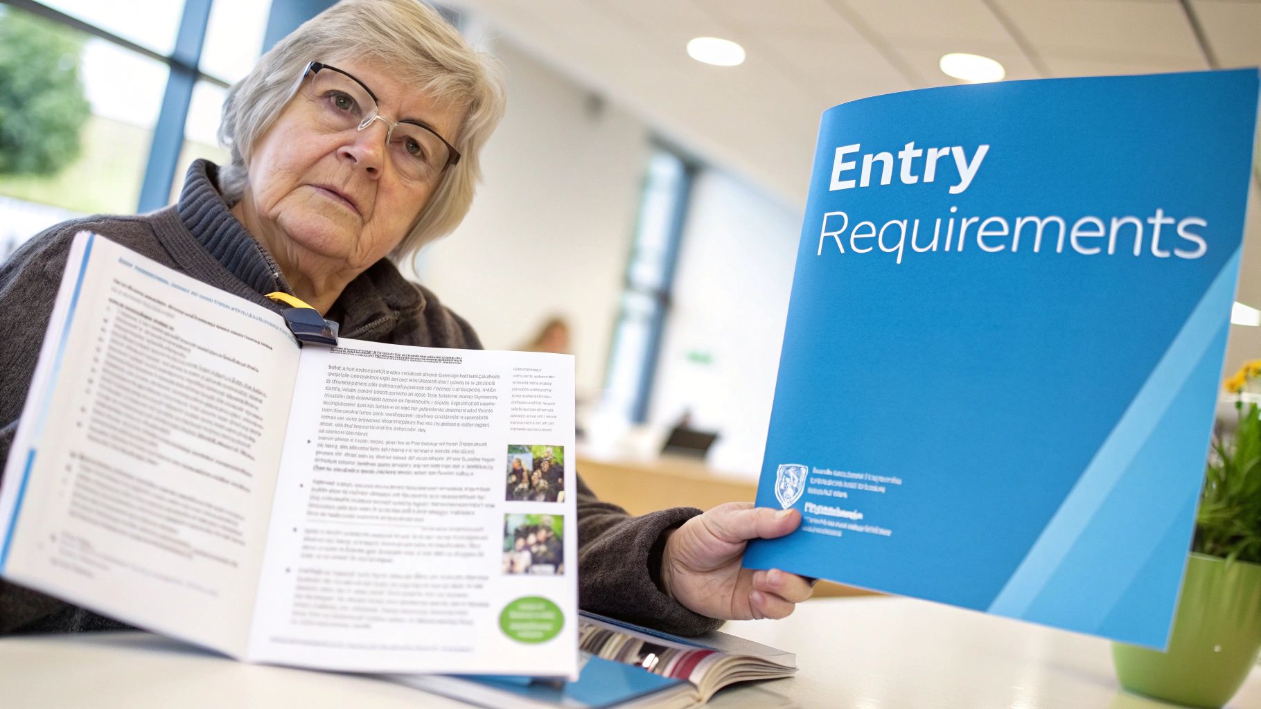 A student looking at university prospectuses, considering the requirements for a midwifery degree.