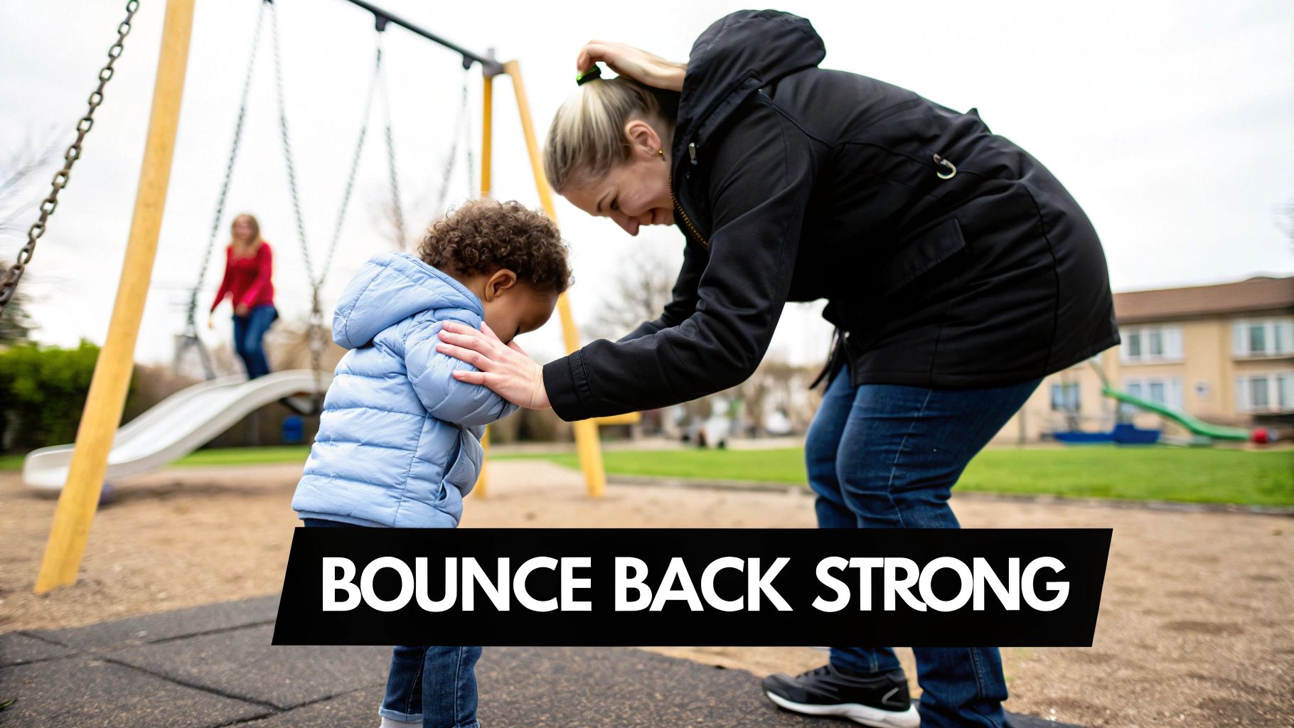 A caring woman kneels to comfort a young child with curly hair in a playground.