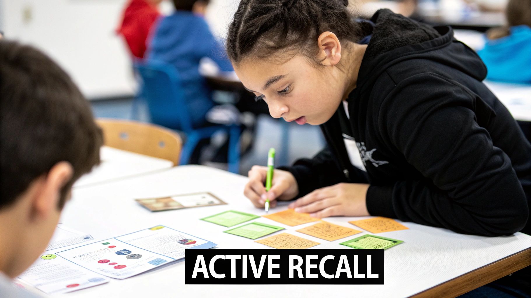 A young student writes on colorful cards during an active recall study session in a classroom.