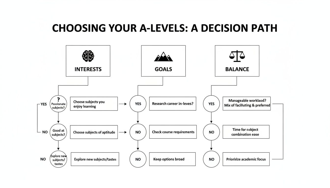 A flowchart illustrating the decision path for choosing A-levels based on interests, goals, and balance.