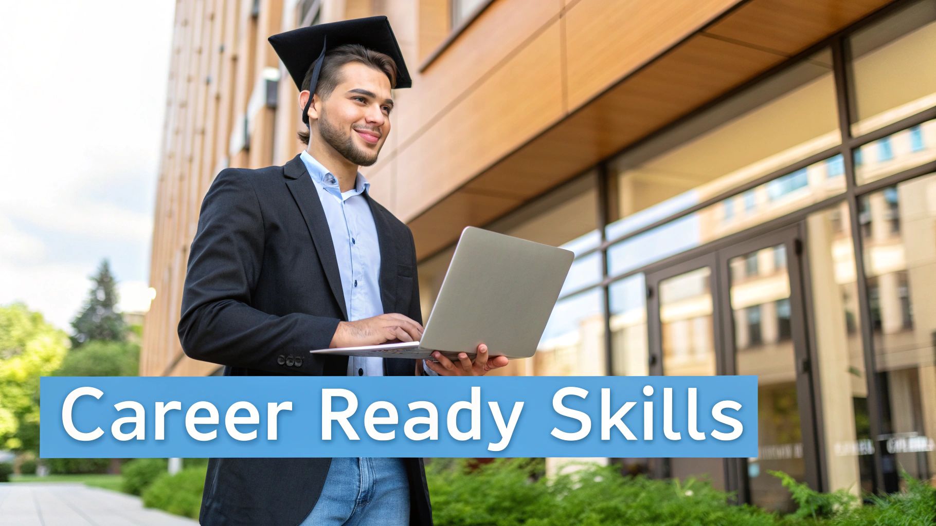 Smiling male graduate in cap and gown holding laptop outdoors representing career ready skills development