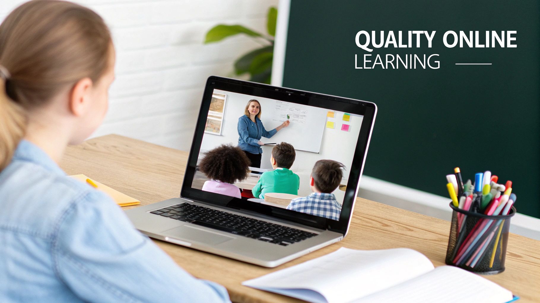 A smiling teacher interacts with students during a virtual class, with a bright and engaging educational background.