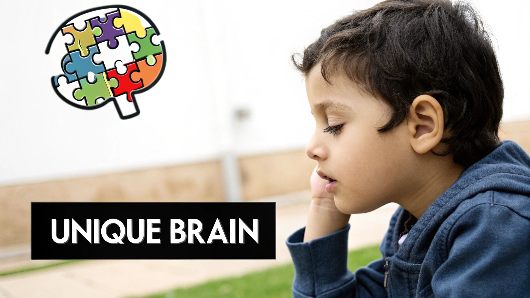 A child looking at a book with brightly coloured letters, representing a different way of seeing words.