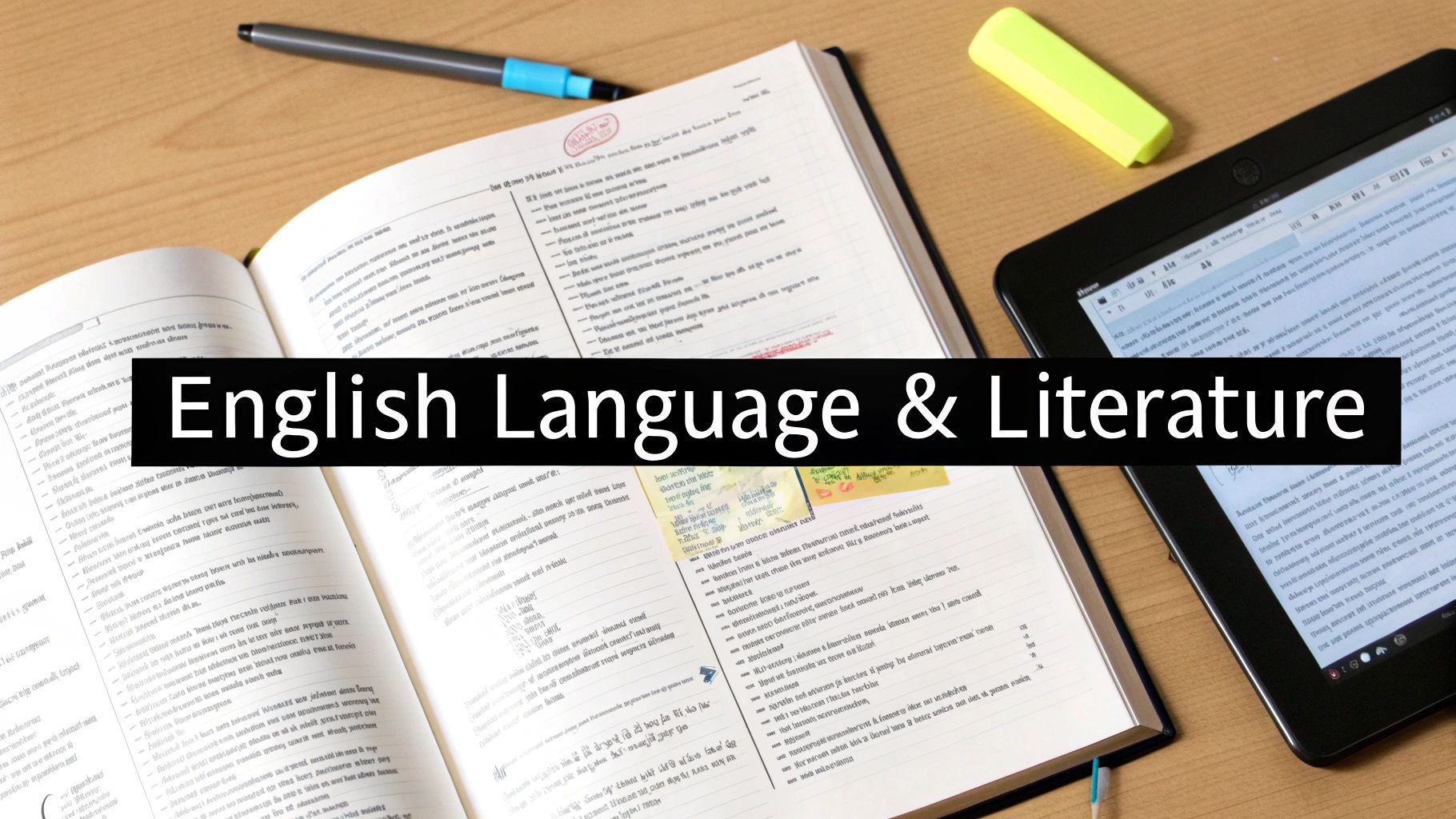 An open notebook, pen, highlighter, and tablet on a desk, representing English language and literature studies.