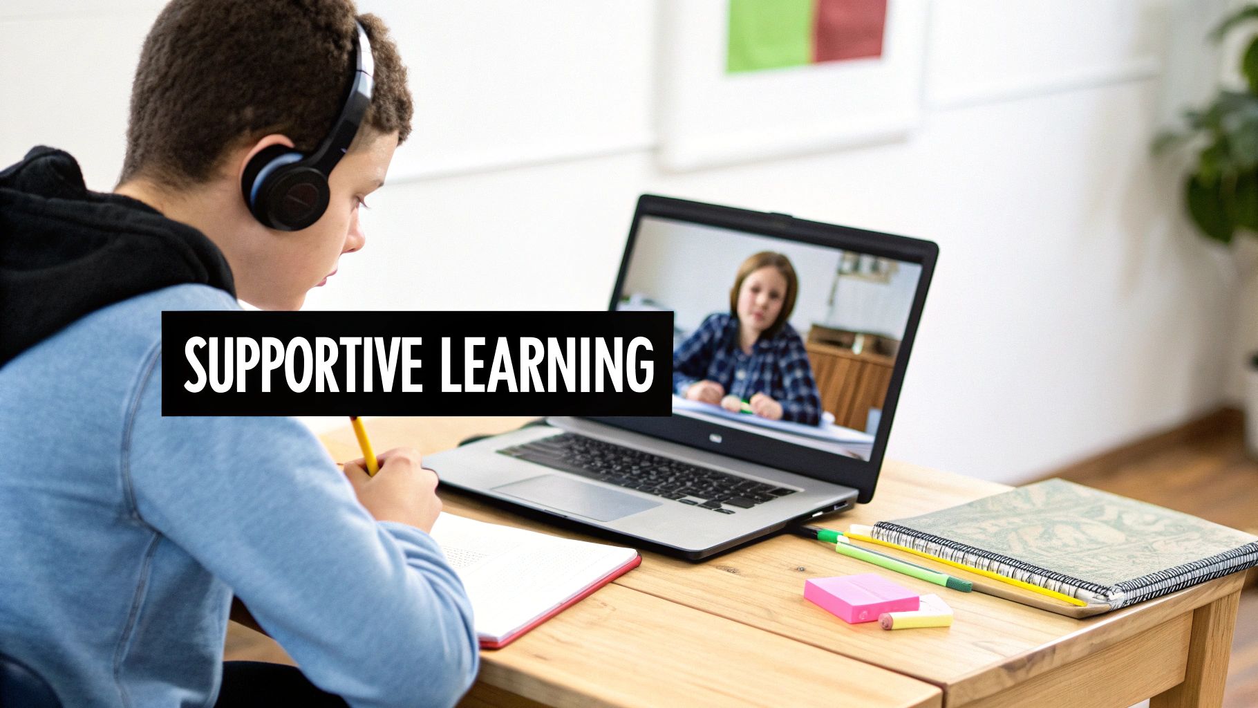 A student with headphones studies online, engaging with a teacher on a laptop during supportive learning.