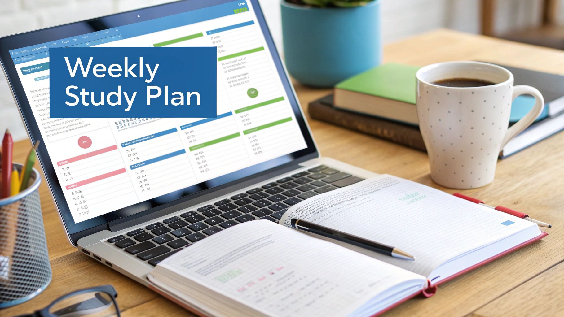 Laptop displaying weekly study plan with notebook, coffee, and books on wooden desk