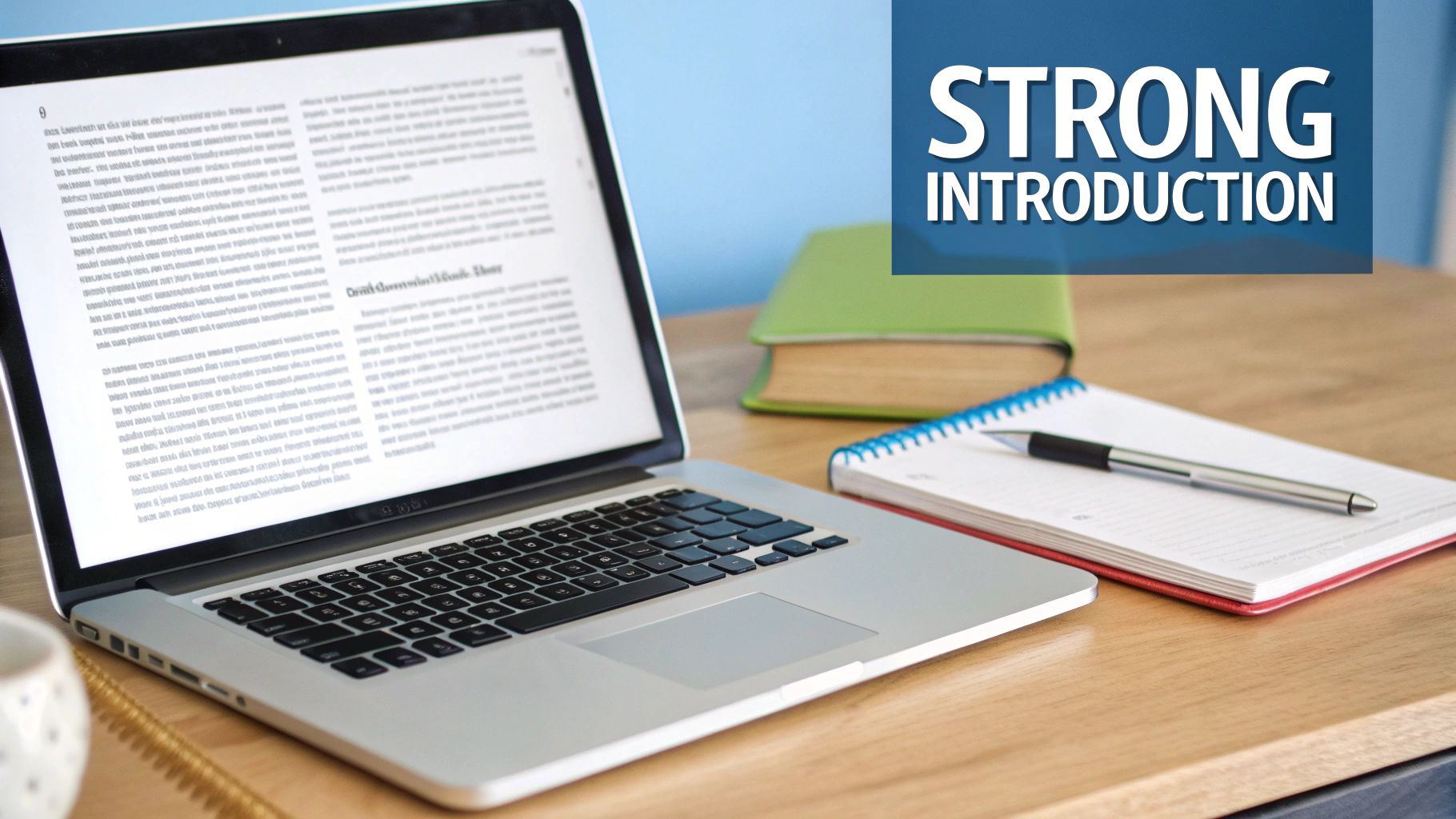 A laptop displaying text, a notebook, pen, and book on a desk with a 'STRONG INTRODUCTION' overlay.
