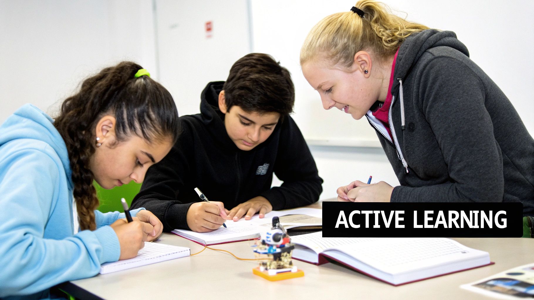 Three students actively engaged in learning, writing in notebooks at a desk with a small robot.