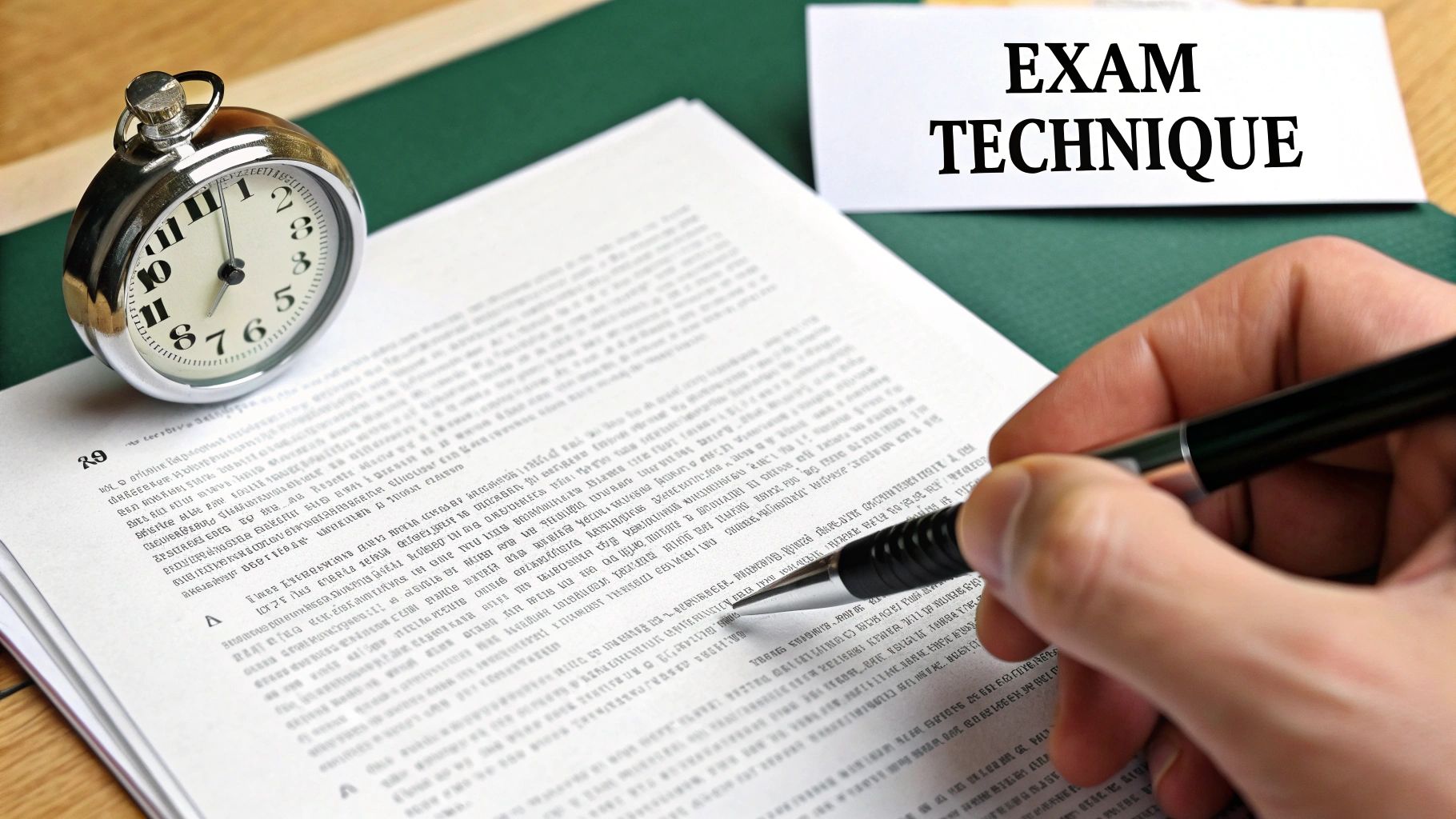 A person's hand writing on a document next to a clock and an 'EXAM TECHNIQUE' card, symbolizing study.