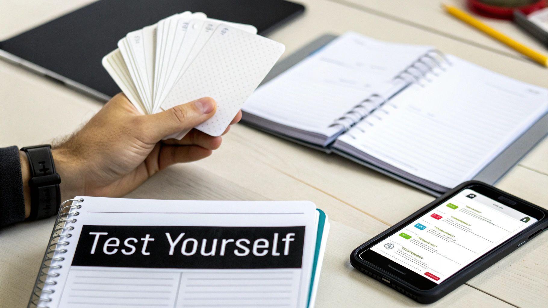 A person holds flashcards, with a 'Test Yourself' notebook, a smartphone study app, and a planner on a desk.
