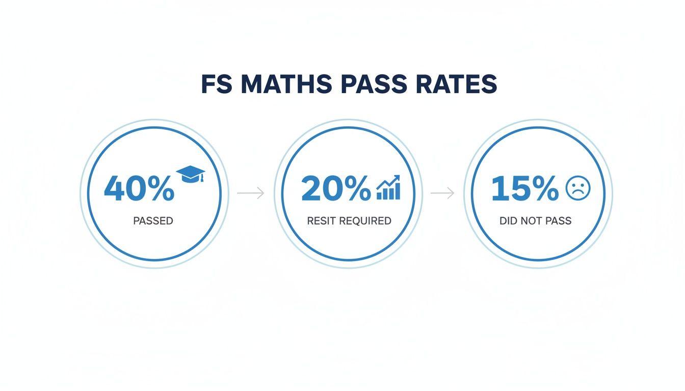 A diagram illustrating FS Maths pass rates: 40% passed, 20% required resit, and 15% did not pass.