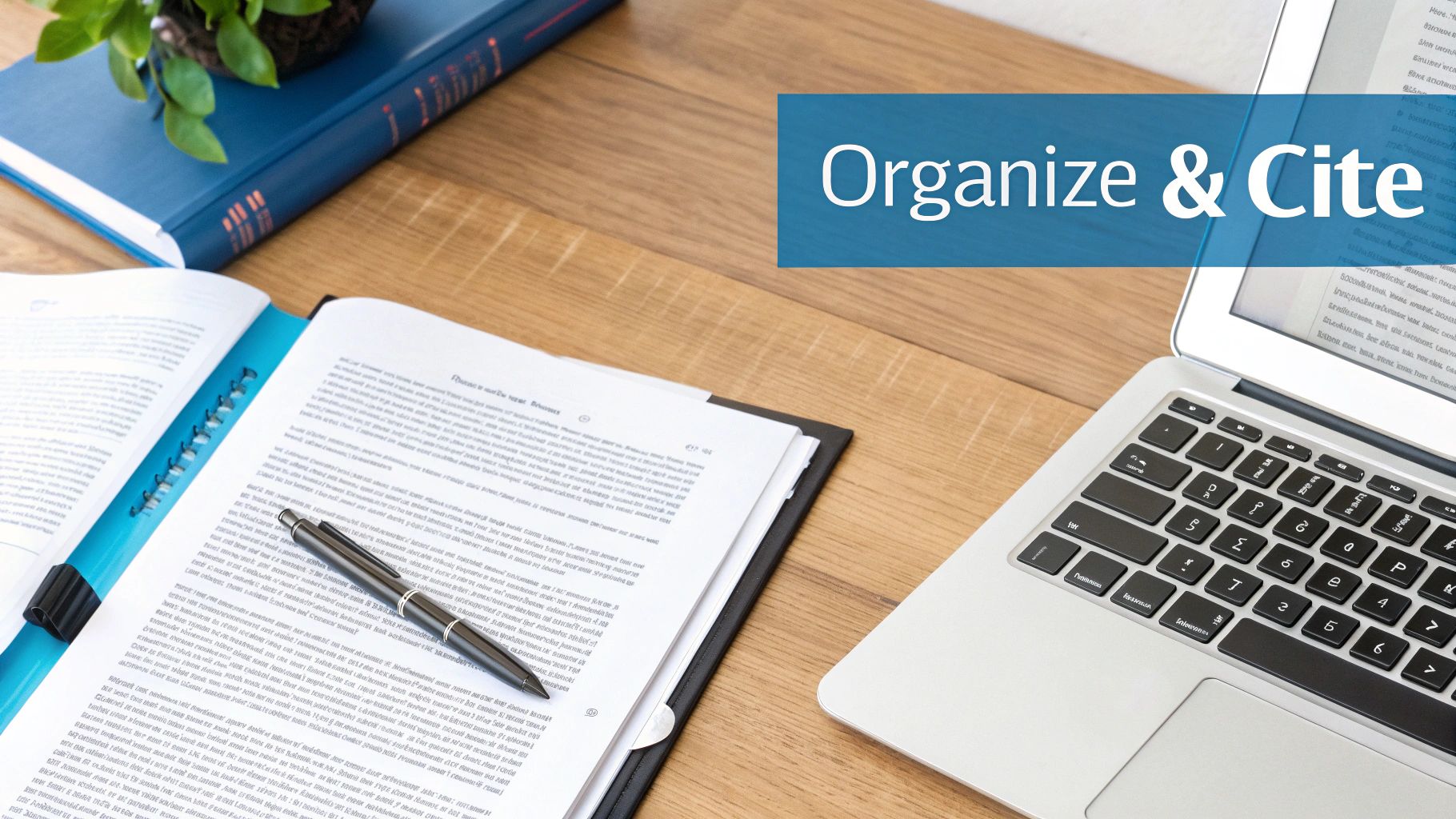 A desk with a notebook, pen, laptop, book, and plant, featuring a banner that says 'Organize & Cite'.