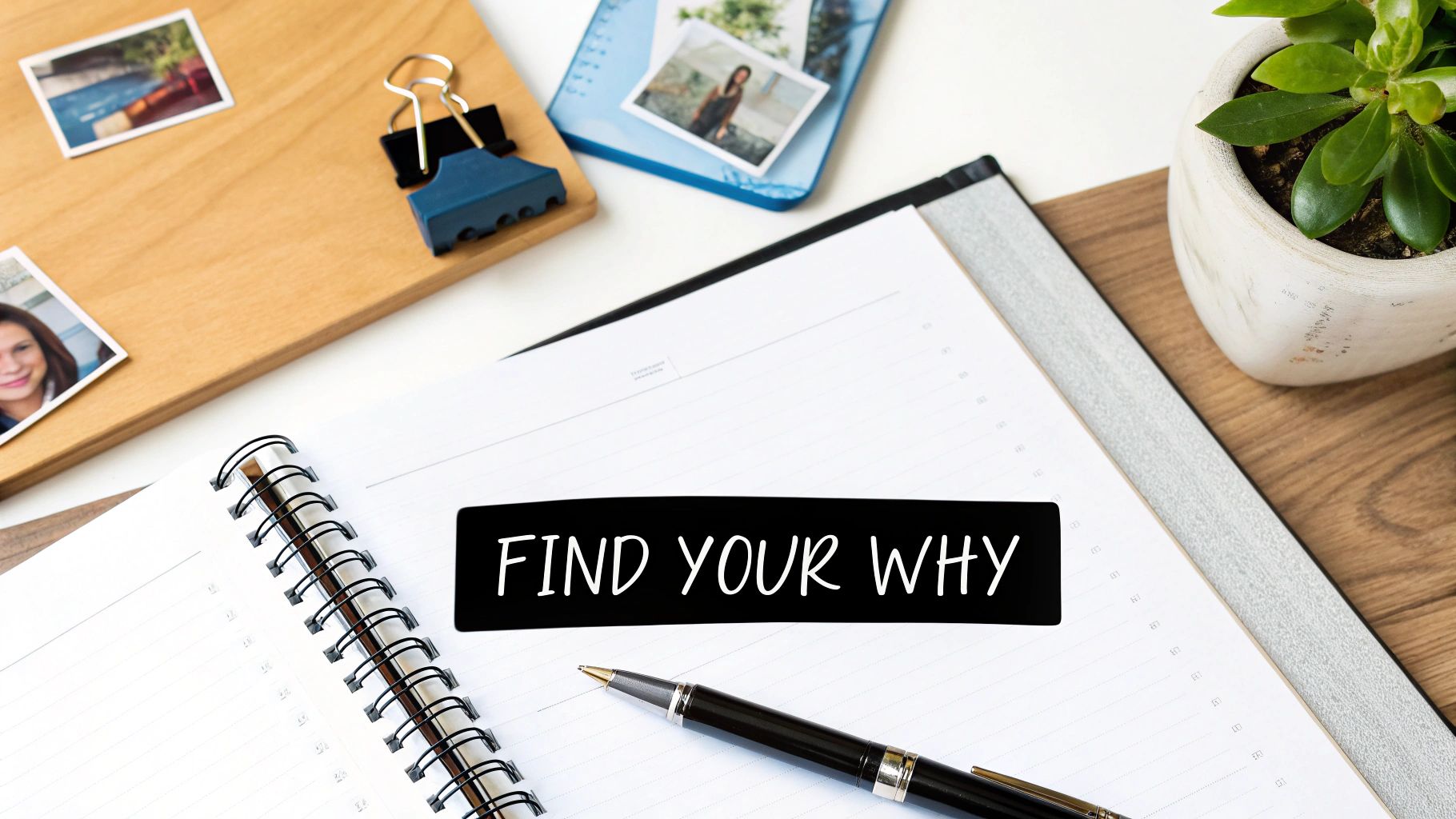 Motivational workspace with notebook, pen, and find your why text for personal statement writing